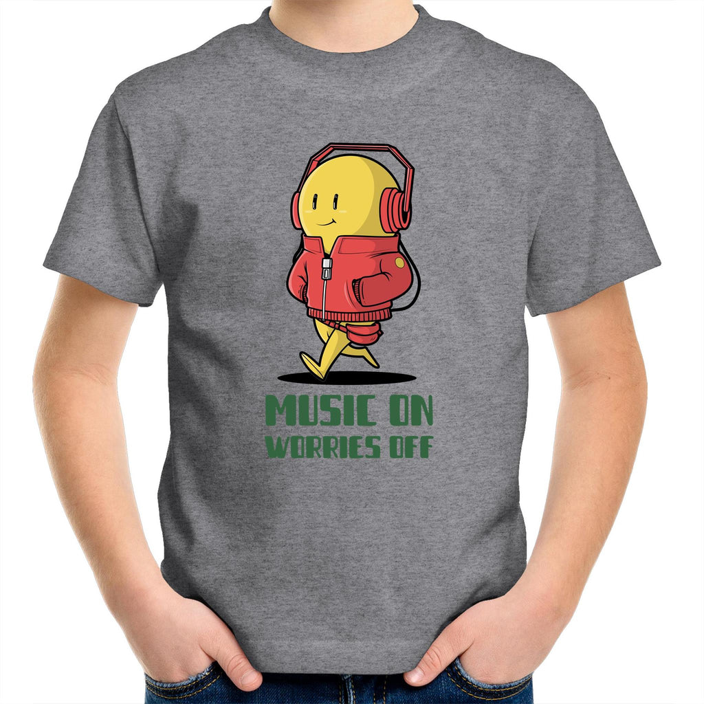Music On, Worries Off, Headphones - Kids Youth T-Shirt Grey Marle Kids Youth T-shirt Music Printed In Australia