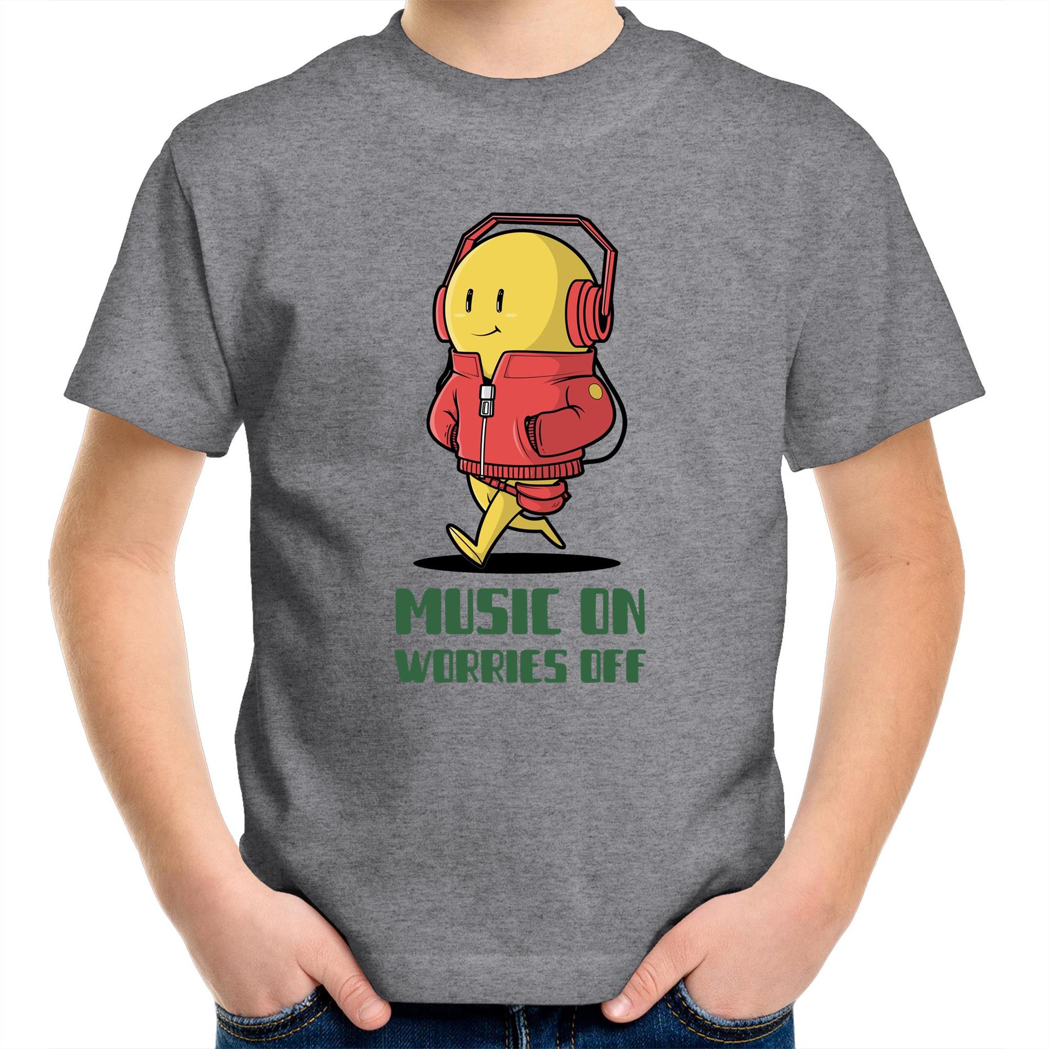 Music On, Worries Off, Headphones - Kids Youth T-Shirt Grey Marle Kids Youth T-shirt Music Printed In Australia