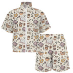 Books And Coffee Women's Windbreaker Short Set Women's Windbreaker Short Set Coffee Printed Offshore Reading