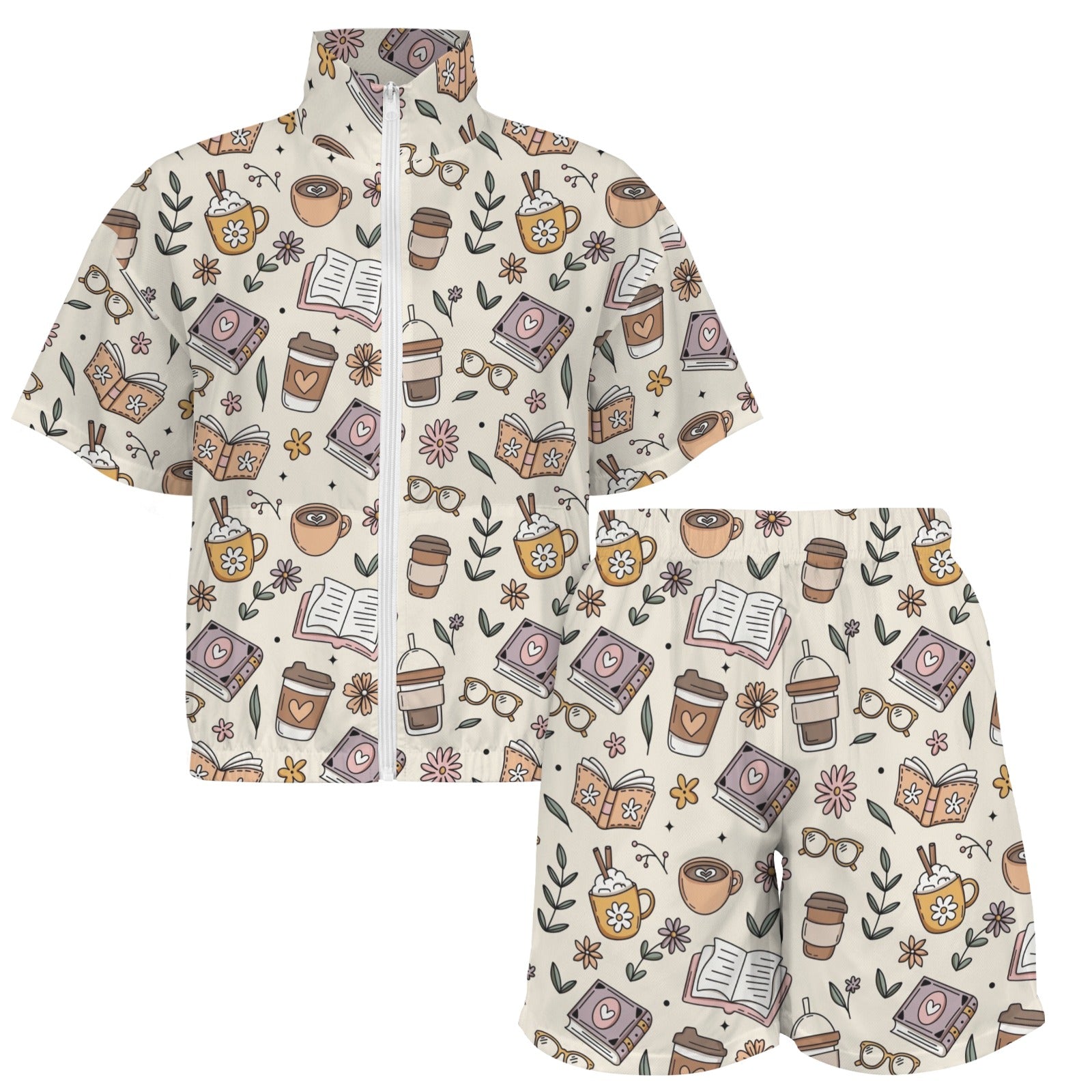 Books And Coffee Women's Windbreaker Short Set Women's Windbreaker Short Set Coffee Printed Offshore Reading