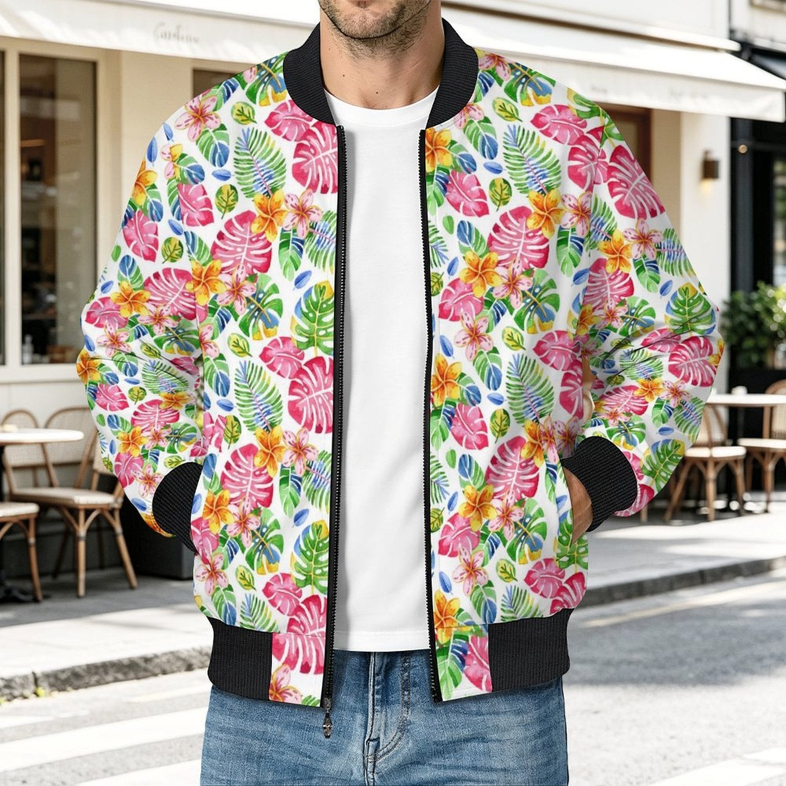 Bright Painted Tropical Men's Casual Zip‑Up Bomber Jacket