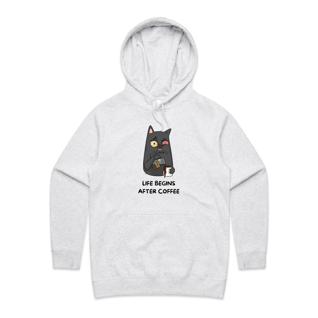 Life Begins After Coffee, Cat - Womens Hoodie White Marle Womens Hoodie animal Coffee Printed In Australia