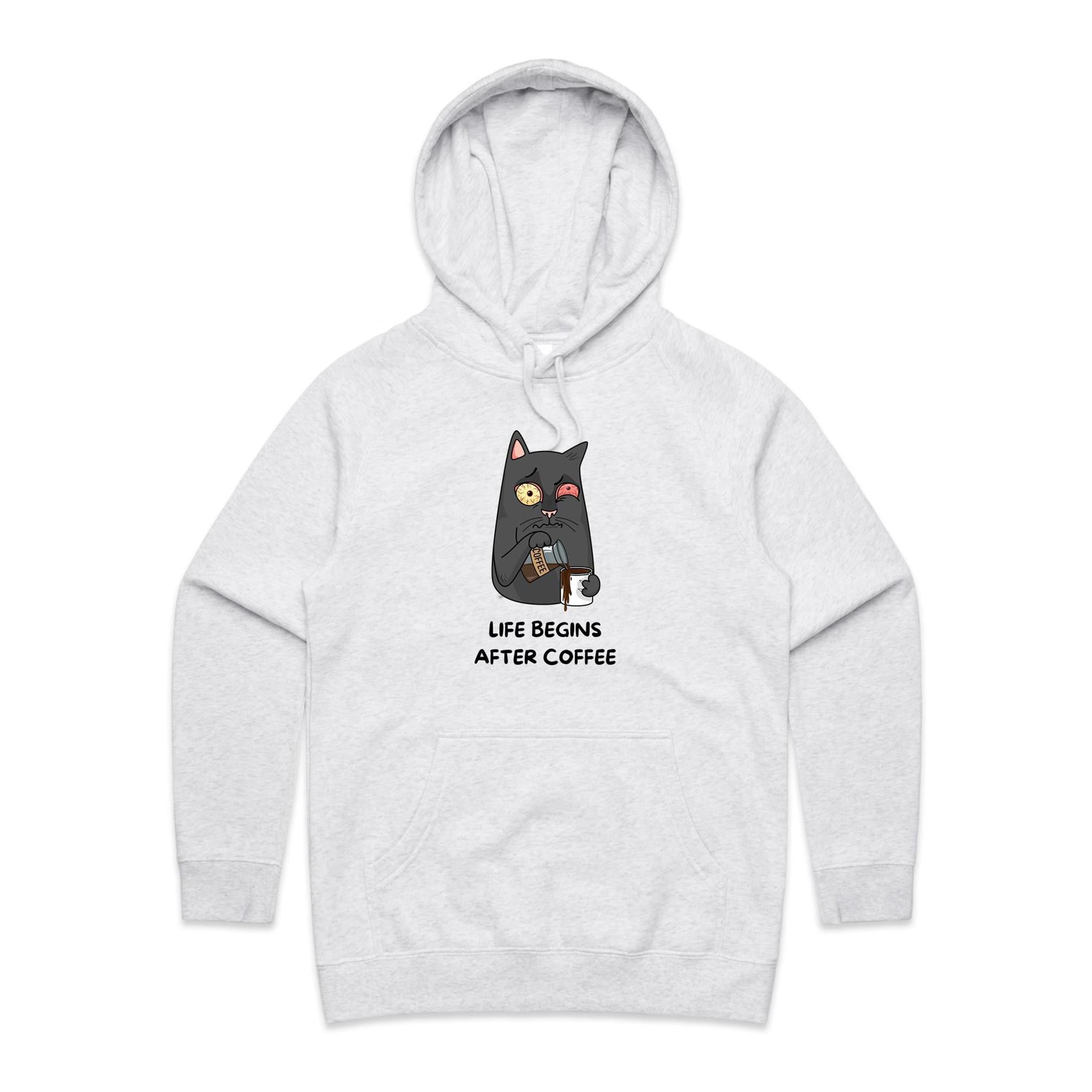 Life Begins After Coffee, Cat - Womens Hoodie White Marle Womens Hoodie animal Coffee Printed In Australia
