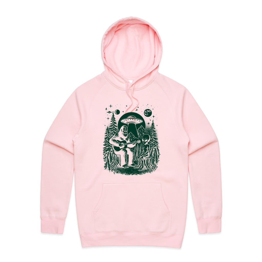 Alien And Bigfoot Playing Guitar - Mens Hoodie Pink Mens Hoodie Music Printed In Australia Sci Fi