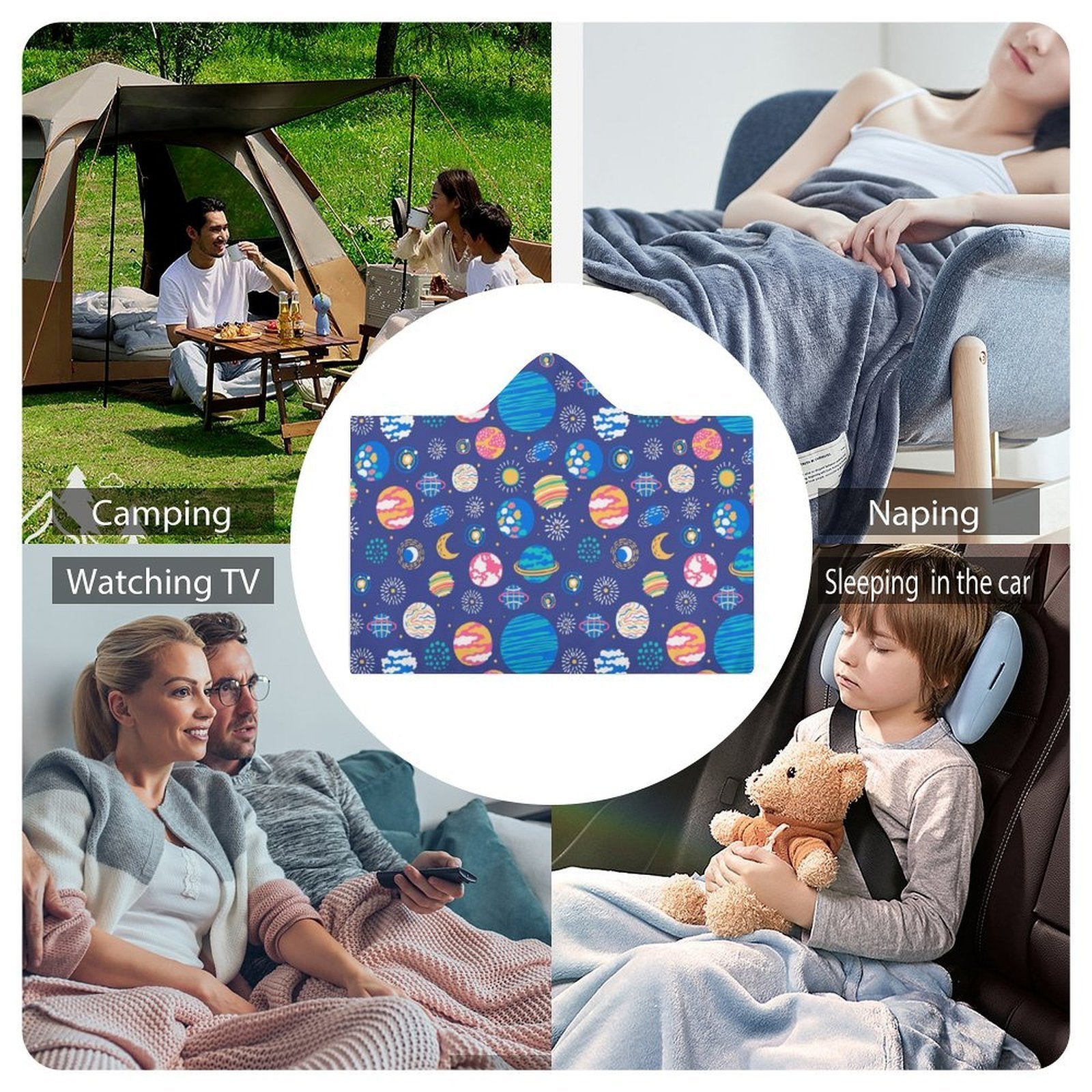 Planets On Blue Kids Hooded Blanket 100cm x 130cm