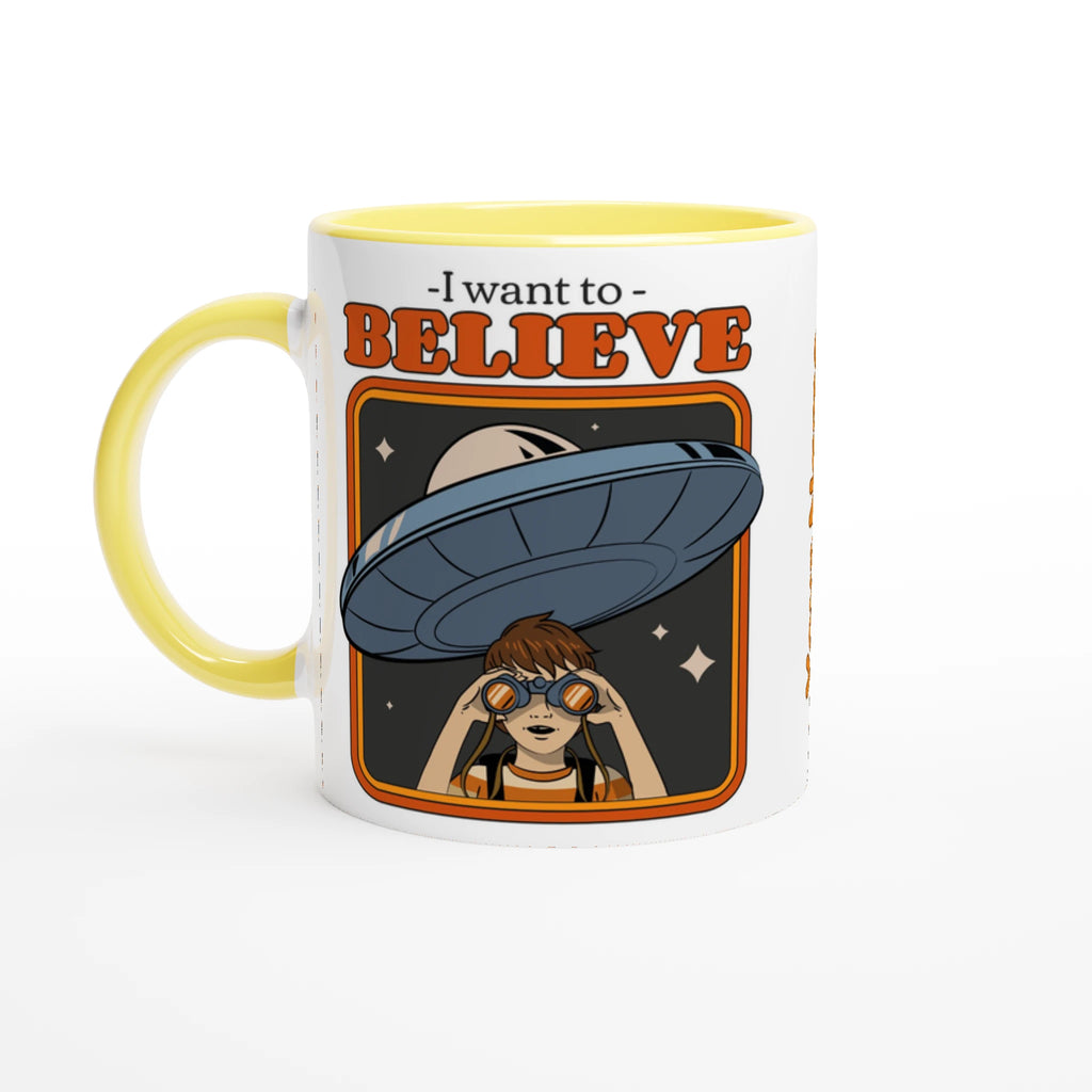 Personalise - I Want To Believe - White 11oz Ceramic Mug Ceramic Yellow Personalised Mug customise Globally Fulfilled personalise Sci Fi