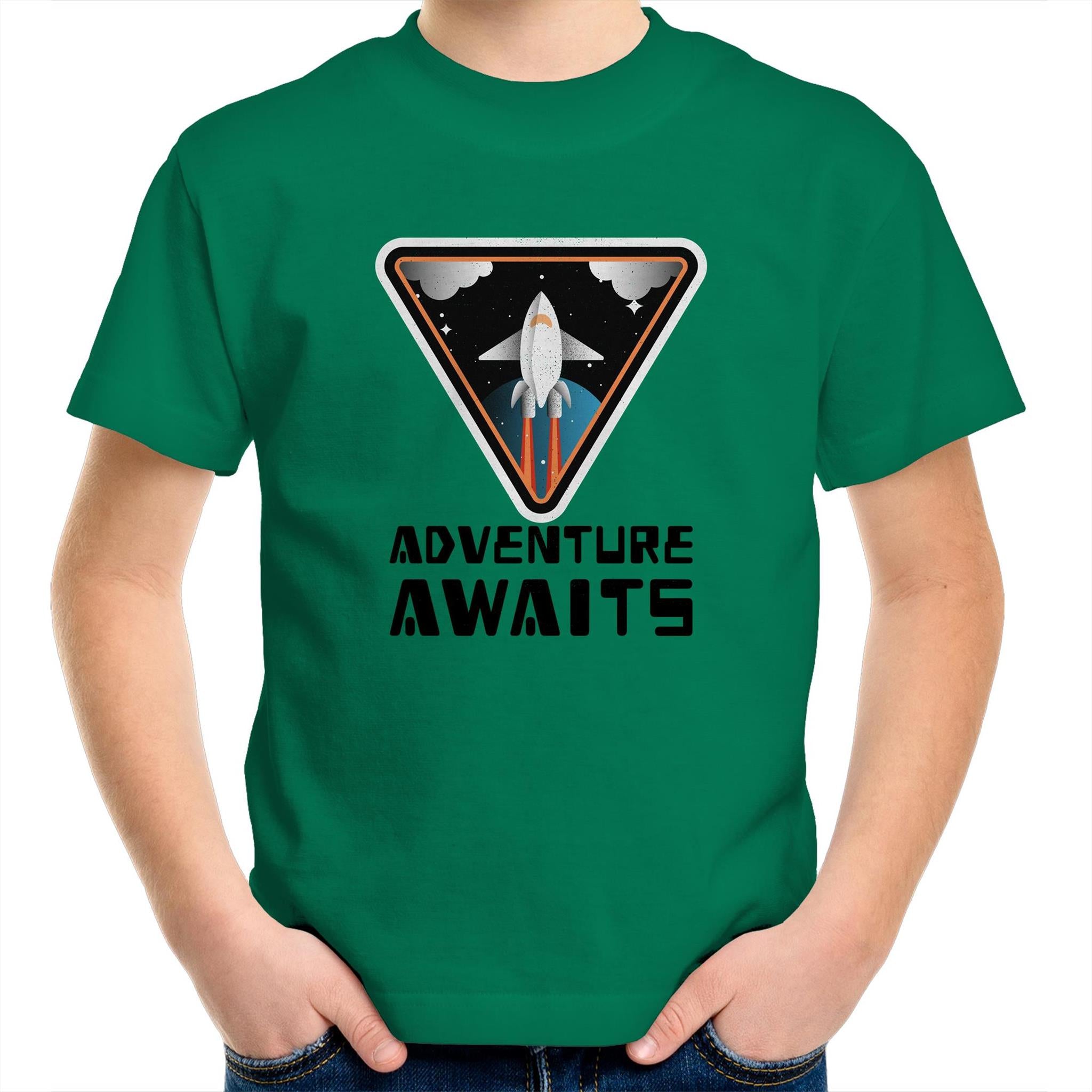 Adventure Awaits, Spaceship - Kids Youth T-Shirt Kelly Green Kids Youth T-shirt Printed In Australia Space