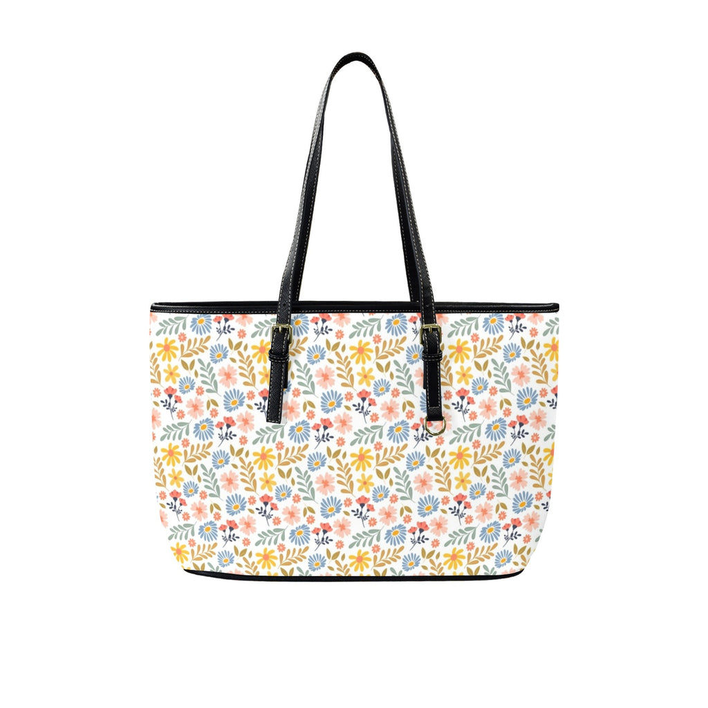 Boho Flowers And Leaves PU Leather Tote Bag Large One Size Leather Tote Bag-Large Plants Printed Offshore