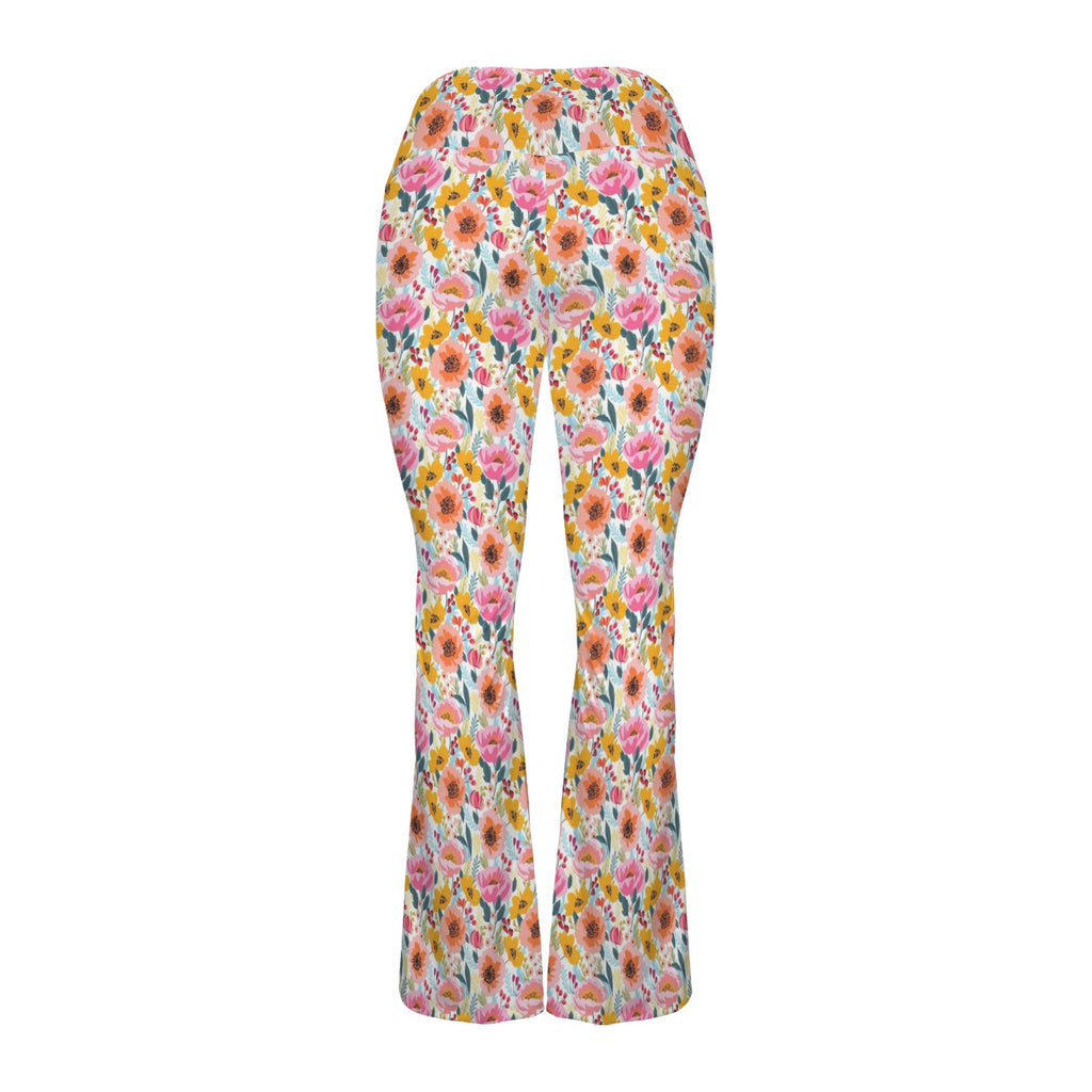 Bright And Colourful Flowers High Waist Crossover Tummy Control Flare Leggings