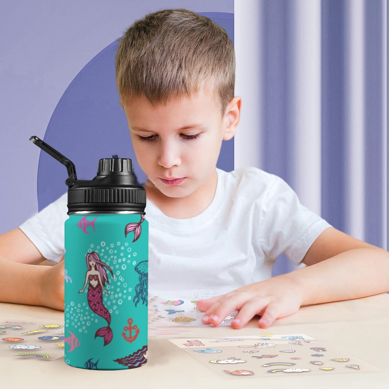 Mermaids Kids Water Bottle with Chug Lid (12 oz) Kids Water Bottle with Chug Lid animal Ocean Printed Offshore