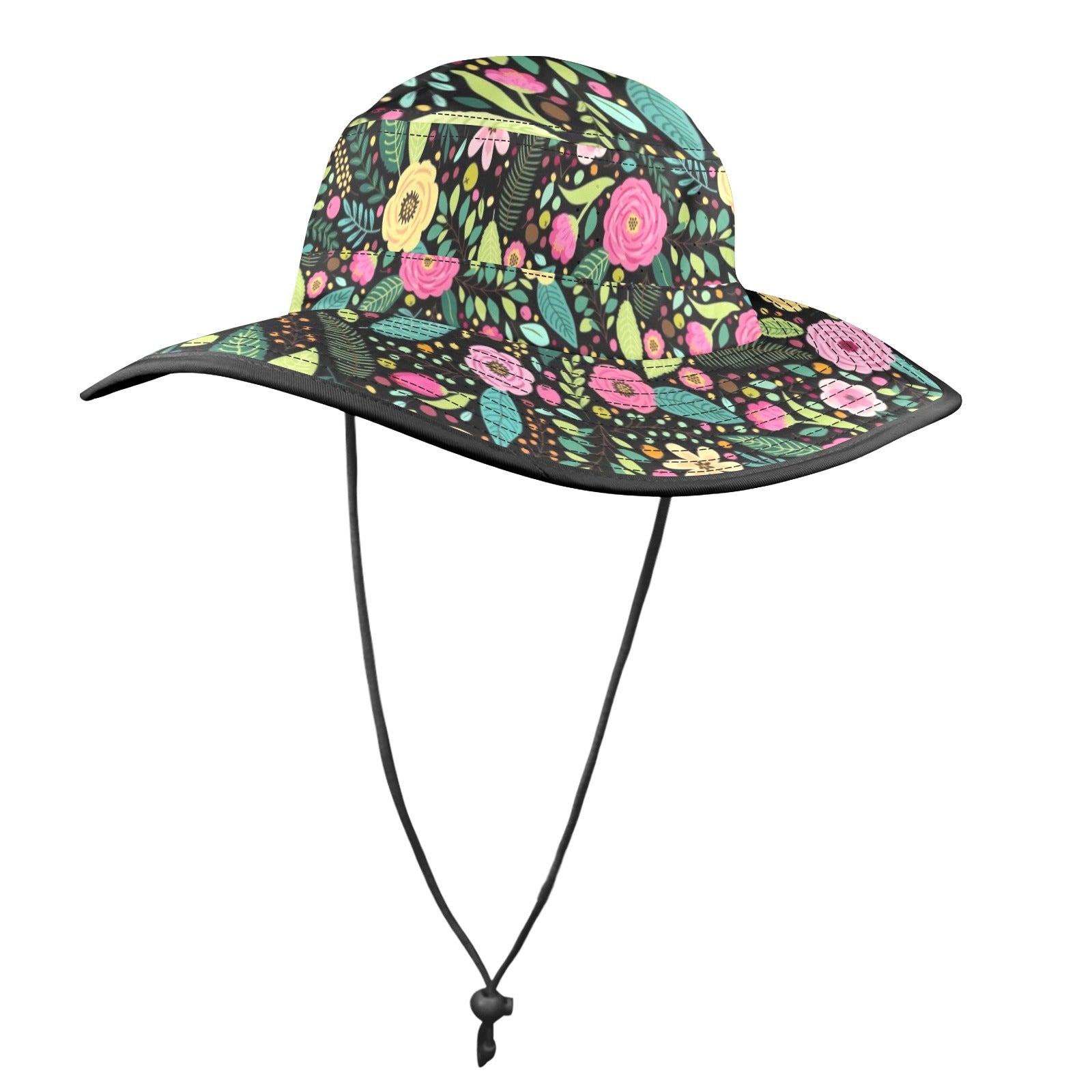 Bright Floral And Leaves Wide Brim Bucket Hat Wide Brim Bucket Hat Plants Printed Offshore