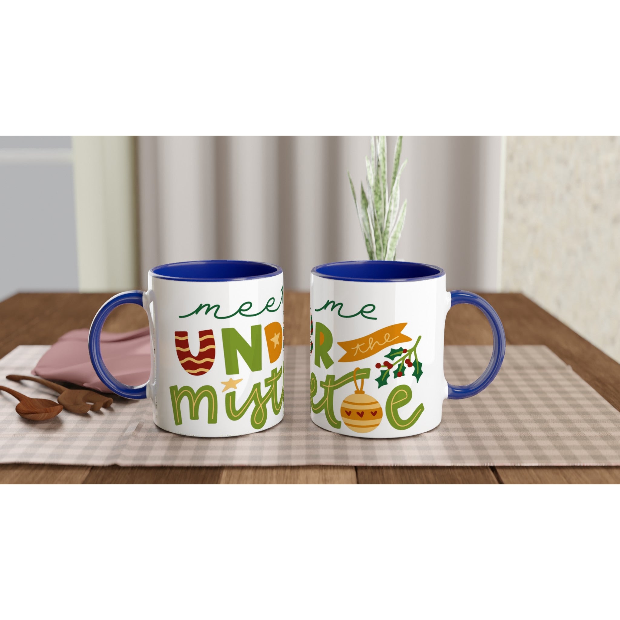 Meet Me Under The Mistletoe - White 11oz Ceramic Mug with Colour Inside Ceramic Blue Christmas Colour Mug Christmas Globally Fulfilled