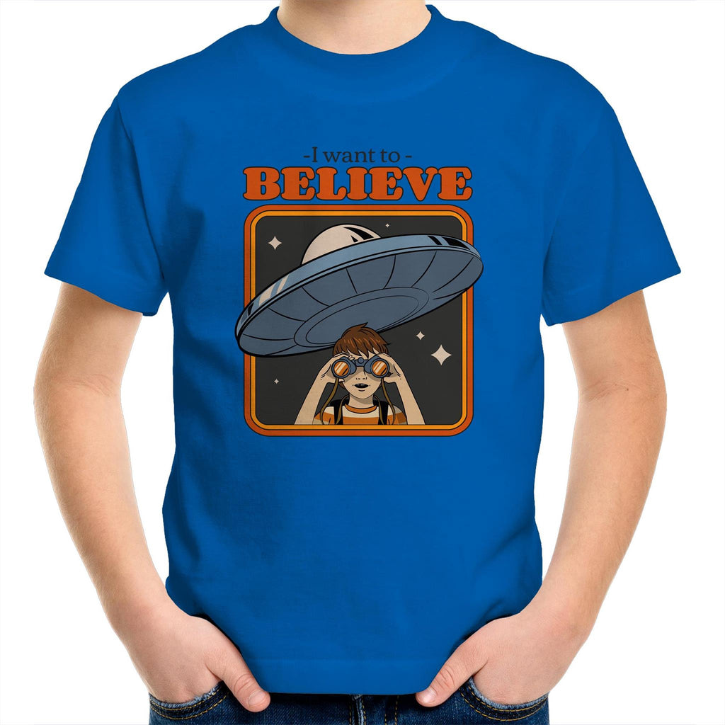 I Want To Believe, Alien UFO - Kids Youth T-Shirt Bright Royal Kids Youth T-shirt Printed In Australia Sci Fi