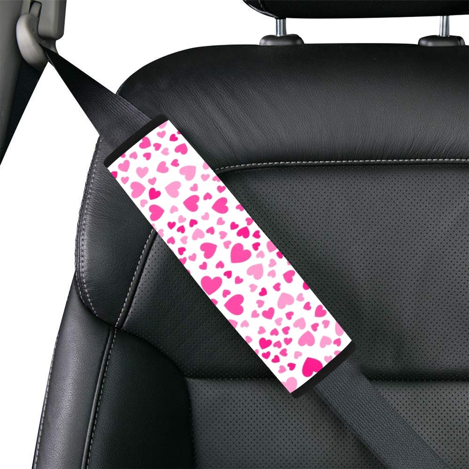 Pink Hearts On White - Car Seat Belt Cover 7''x10'' (Pack of 2)