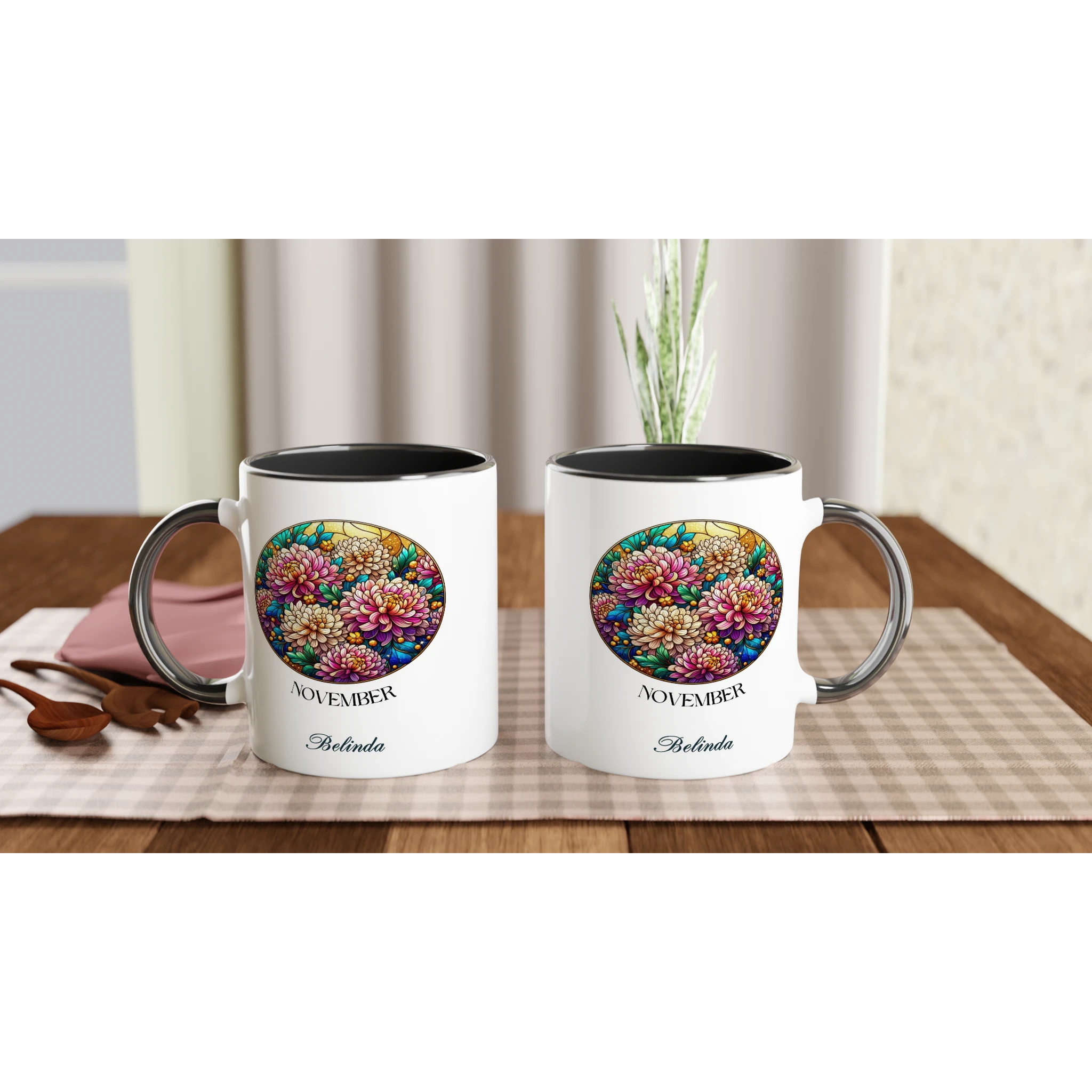 Stained Glass Birth Month Flowers - 11oz Ceramic Mug Personalised 11oz Mug Birthday customise Globally Fulfilled Name personalise Plants