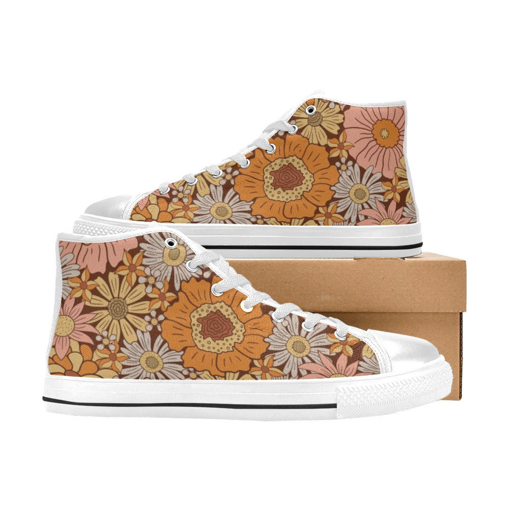 Orange Retro Floral Men's High Top Canvas Shoes Men's Classic High Top Canvas Shoes Plants Printed Offshore