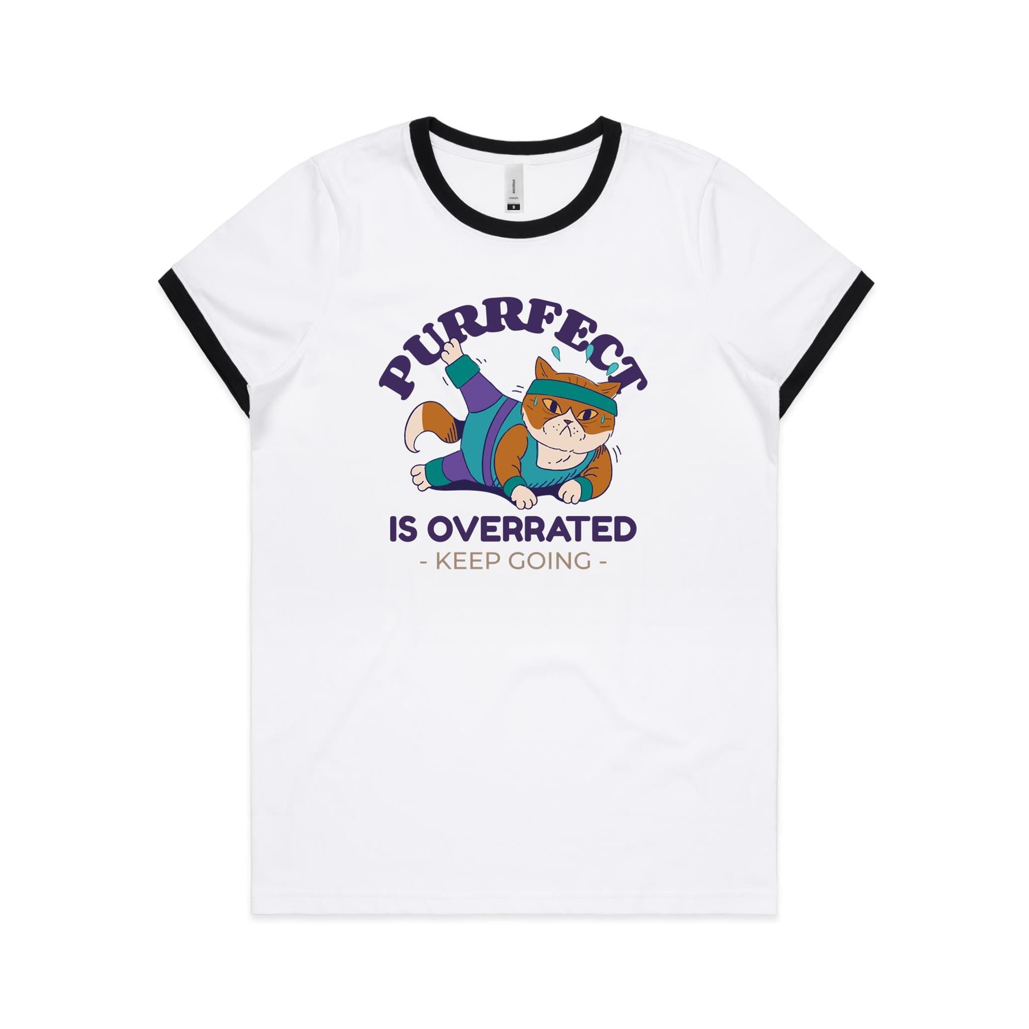 Purrfect Is Overrated, Fitness Cat - Women's Ringer Tee White Black Womens Ringer T-shirt Fitness Printed In Australia