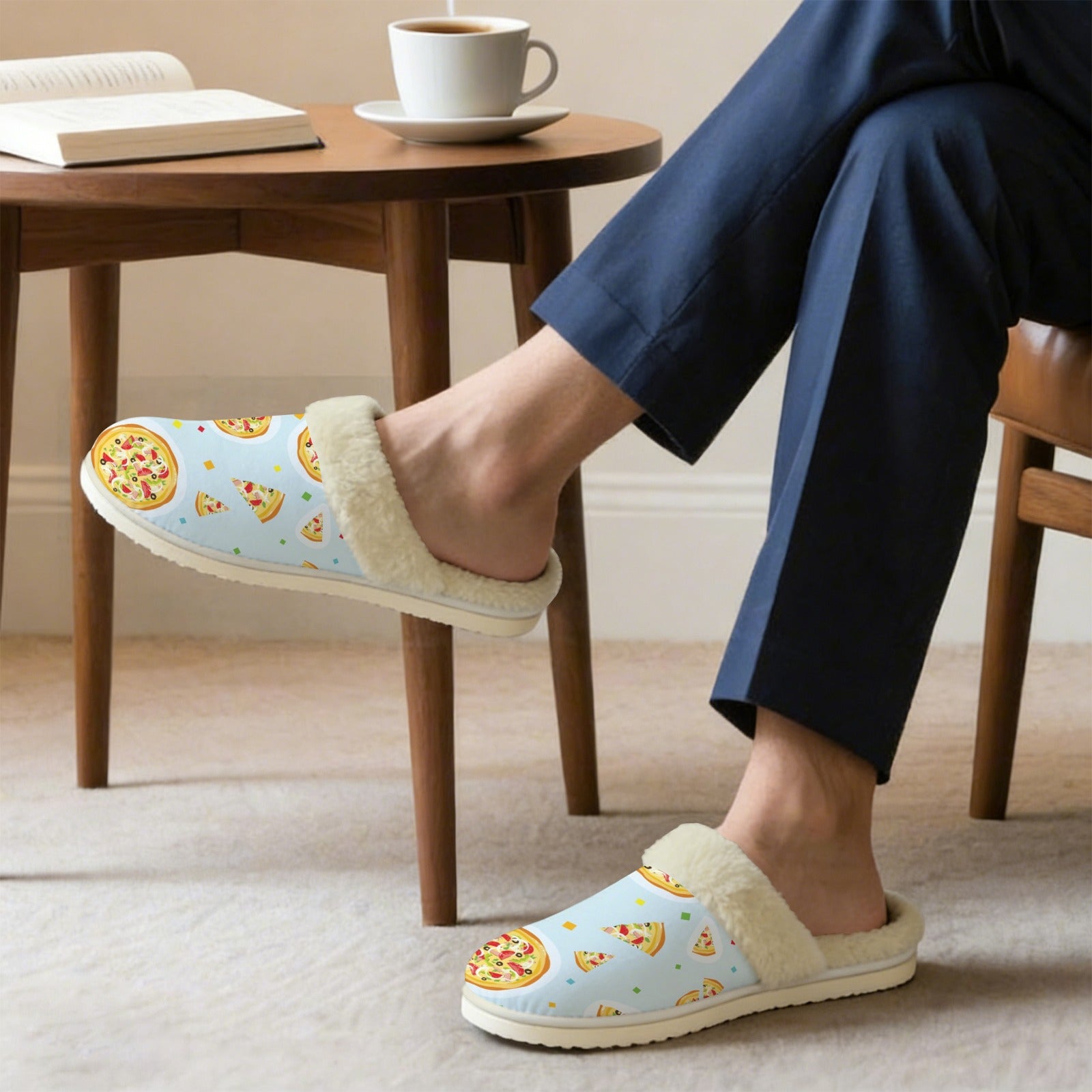 Pizzas On Blue Men's Fur Trim Thick-Sole Indoor Slippers Men's Fur Trimmed Slippers Food Printed Offshore