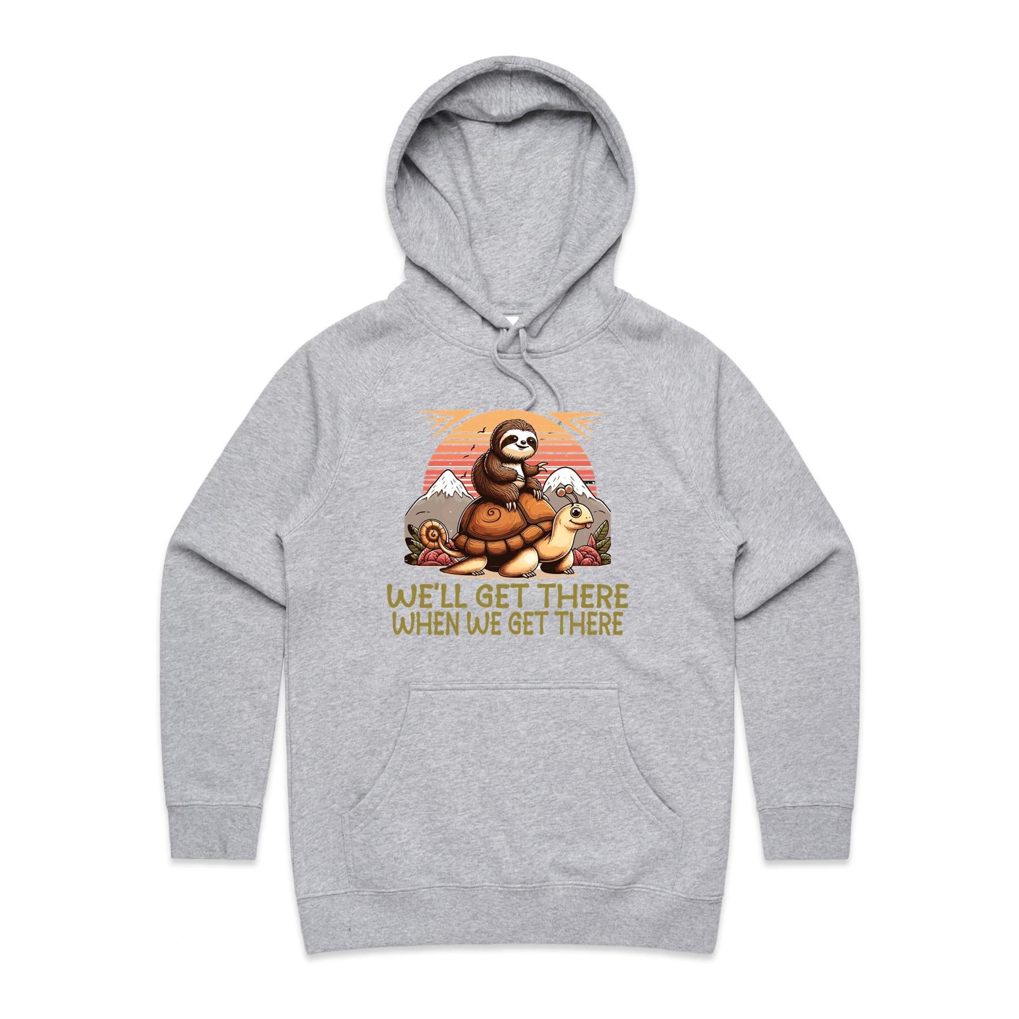Sloth, We'll Get There When We Get There - Womens Hoodie Grey Marle Womens Hoodie animal Printed In Australia