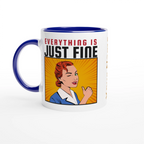 Personalised - Everything Is Just Fine - White 11oz Ceramic Mug with Colour Inside Ceramic Blue Personalised 11oz Mug comic customise Globally Fulfilled personalise Retro