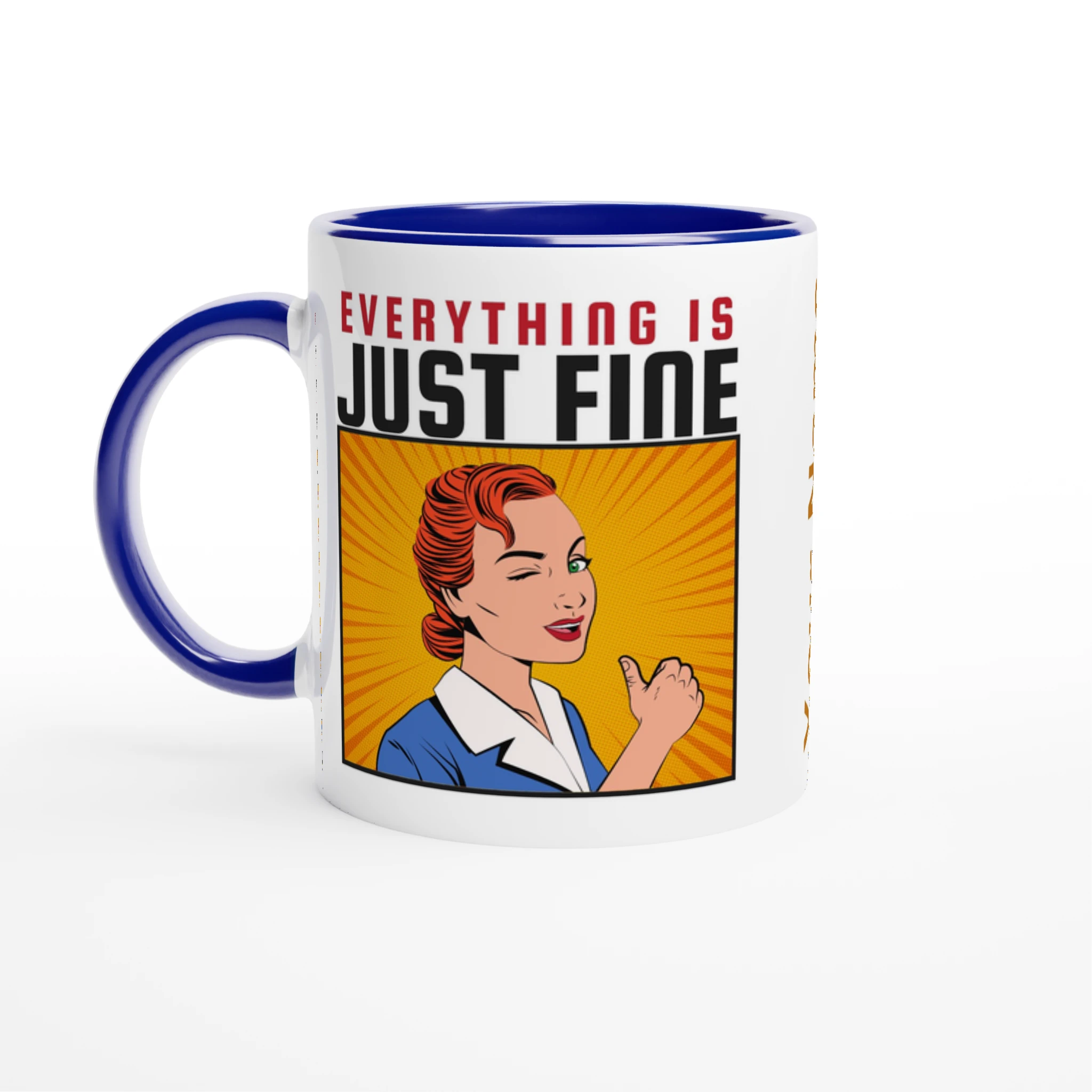 Personalised - Everything Is Just Fine - White 11oz Ceramic Mug with Colour Inside Ceramic Blue Personalised 11oz Mug comic customise Globally Fulfilled personalise Retro