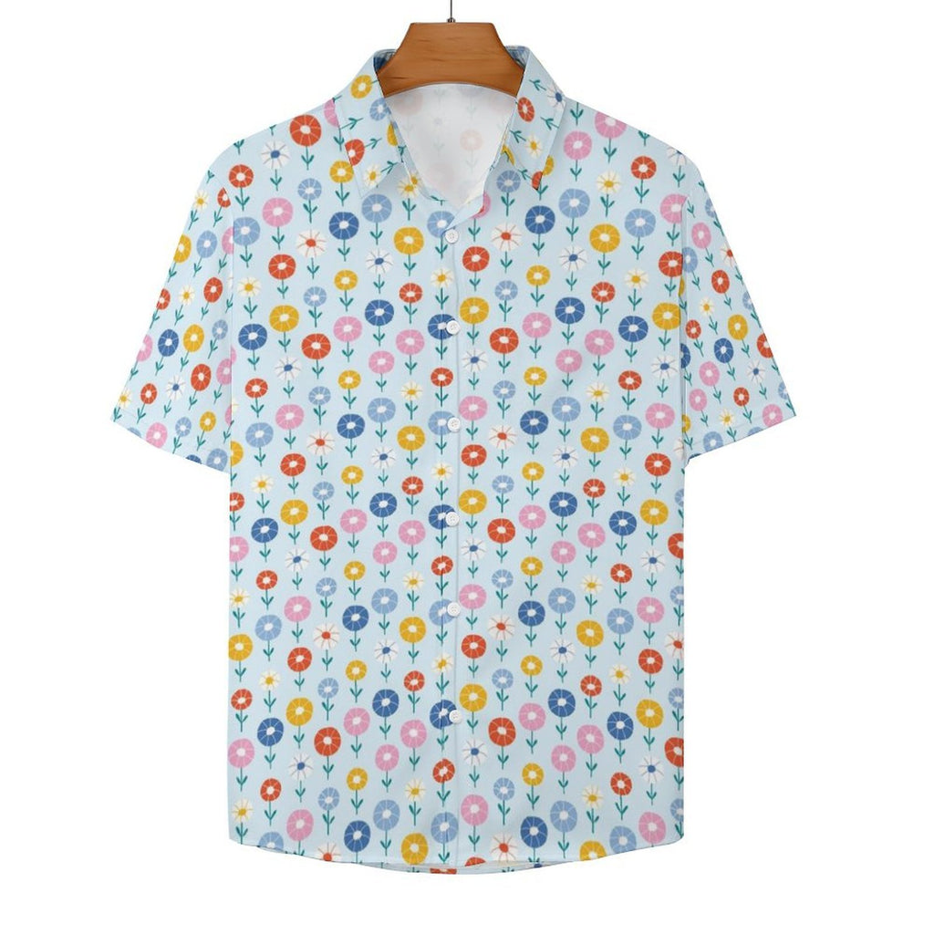 Abstract Cute Flowers Women's Collared Pocketless Short Sleeve Shirt