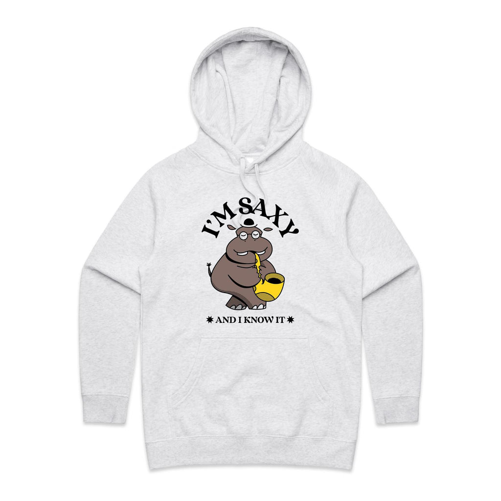 I'm Saxy And I Know It, Hippo Saxophone Player - Womens Hoodie White Marle Womens Hoodie animal Music Printed In Australia