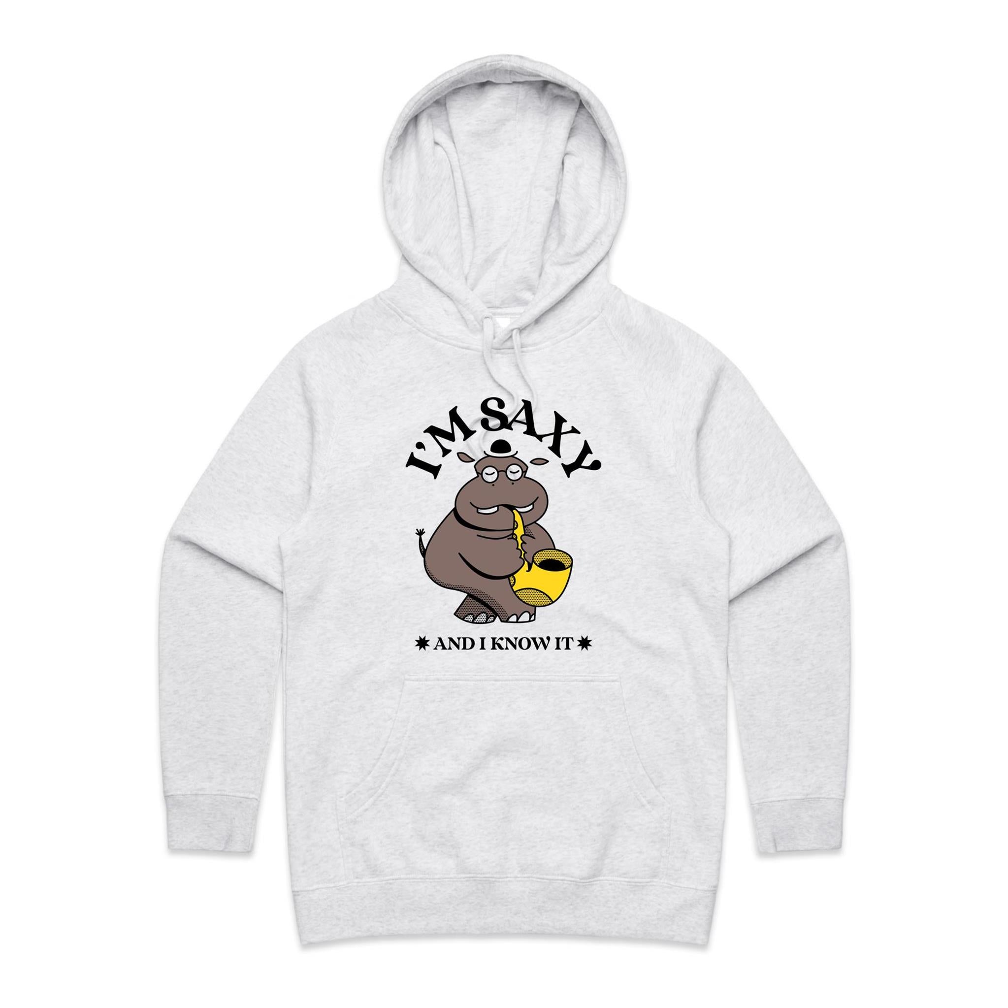 I'm Saxy And I Know It, Hippo Saxophone Player - Womens Hoodie White Marle Womens Hoodie animal Music Printed In Australia