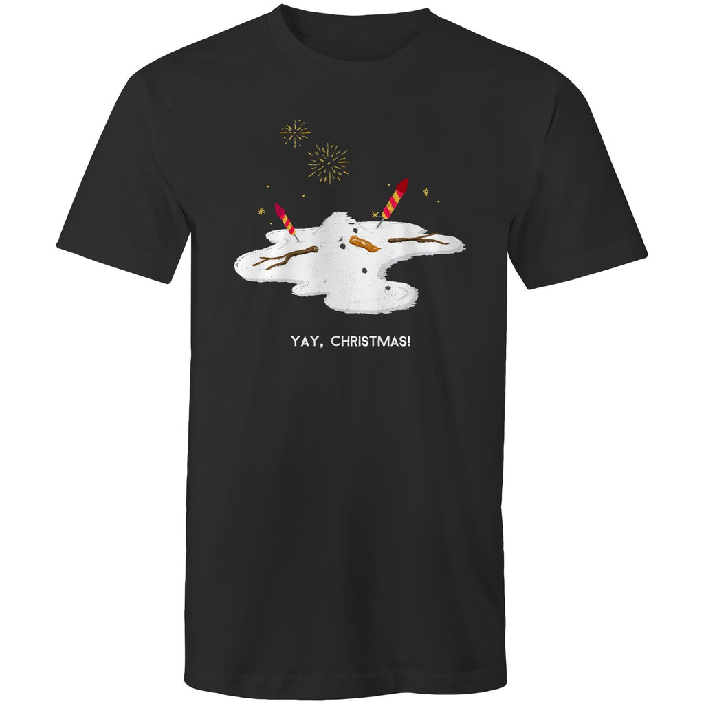 Melting Snowman, Yay Christmas - Mens T-Shirt Black Mens Christmas T-shirt Christmas Printed In Australia