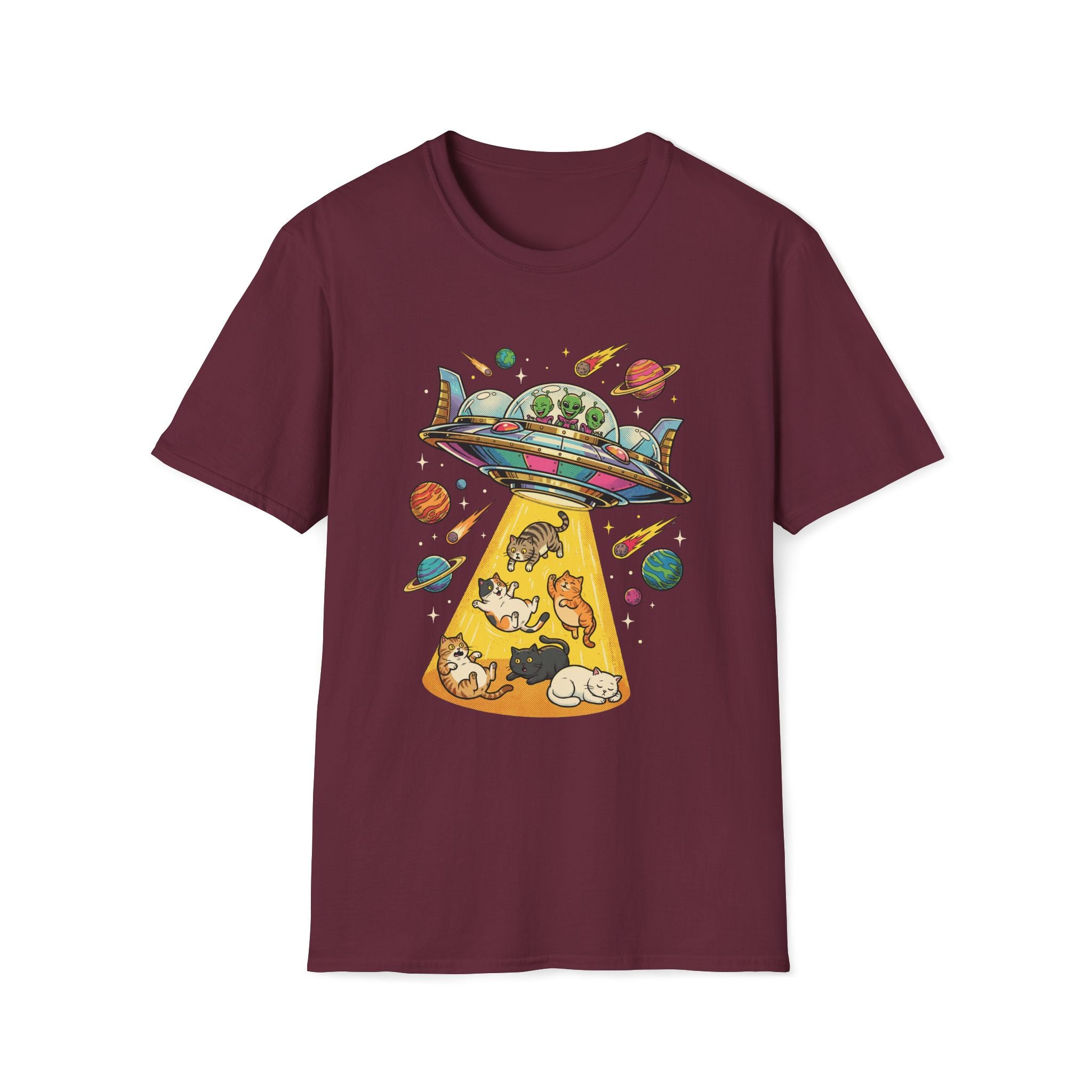 UFO Cat Abduction Unisex T-Shirt Maroon Unisex Adult T-shirt animal Globally Fulfilled Sci Fi