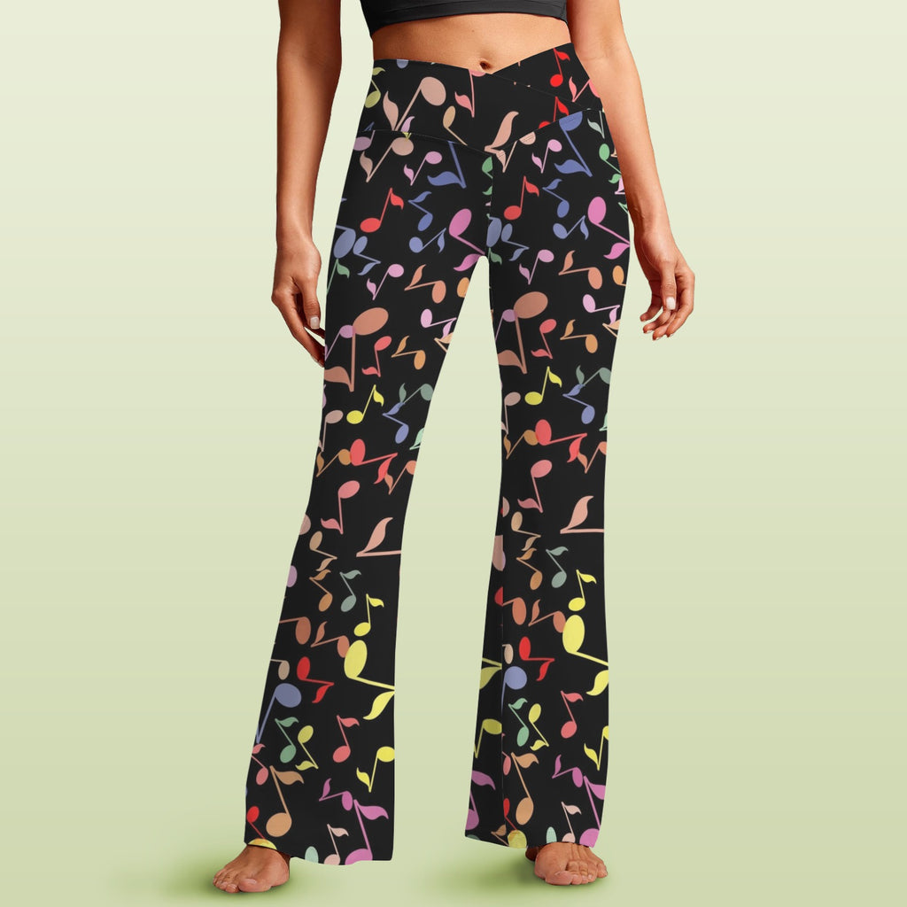 Quavers, Music Notes High Waist Crossover Tummy Control Flare Leggings 5XL High Waist Flare Leggings Music Printed Offshore