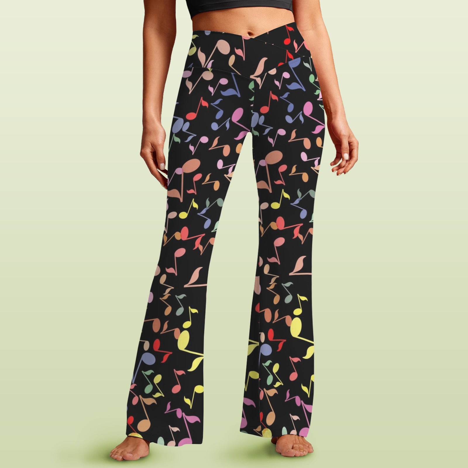 Quavers, Music Notes High Waist Crossover Tummy Control Flare Leggings 5XL High Waist Flare Leggings Music Printed Offshore