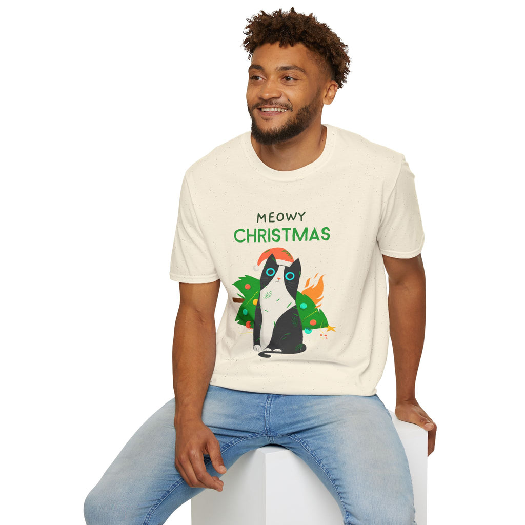 Meowy Christmas, Cat With Burning Christmas Tree - Unisex Softstyle T-Shirt