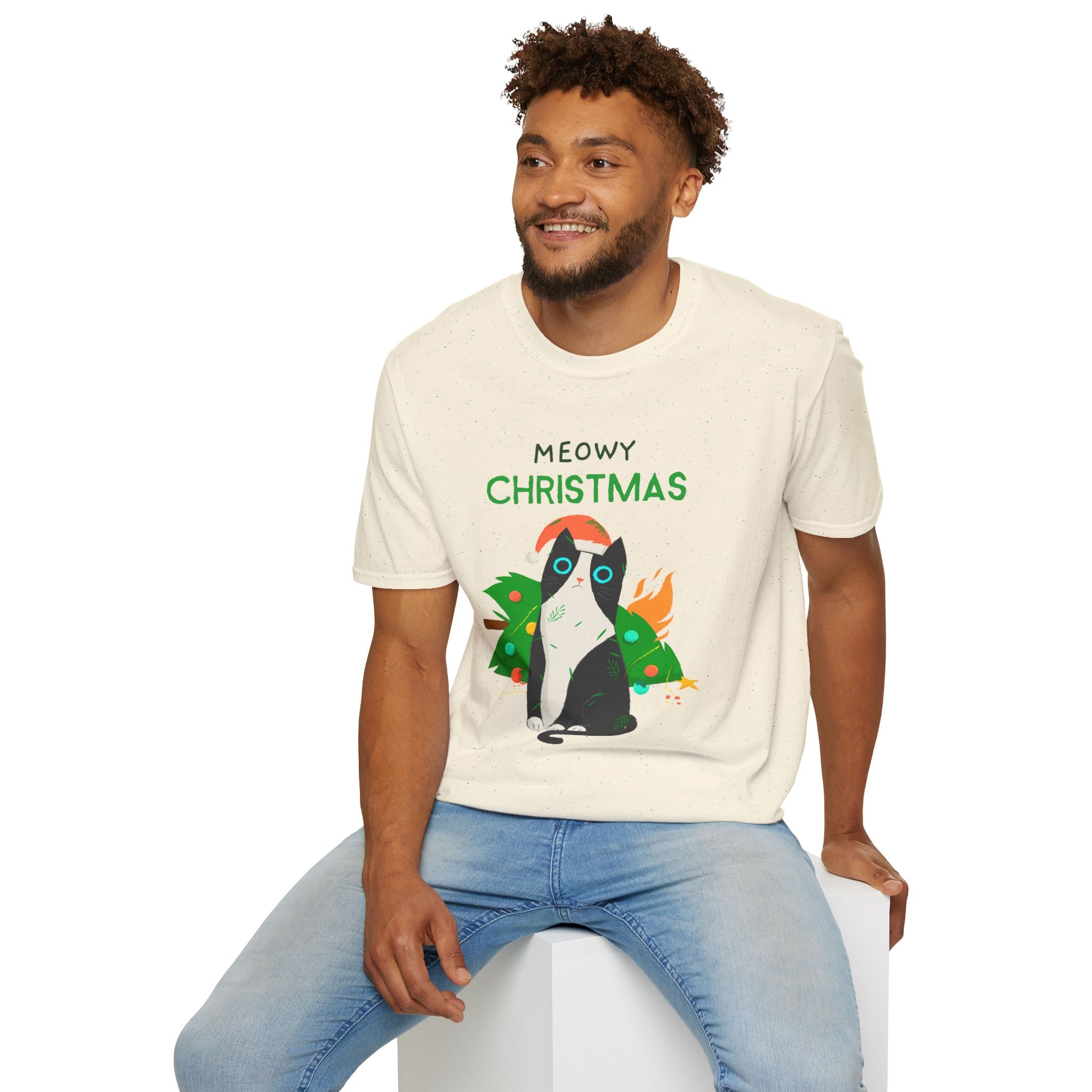 Meowy Christmas, Cat With Burning Christmas Tree - Unisex Softstyle T-Shirt