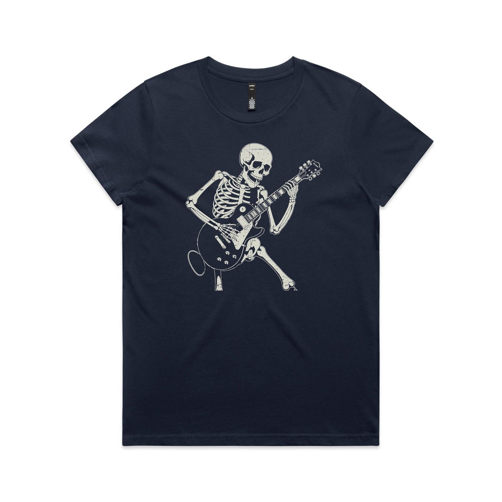 Skeleton Playing Guitar Women's AS Colour T-shirt Midnight Blue Womens T-shirt Music Printed In Australia