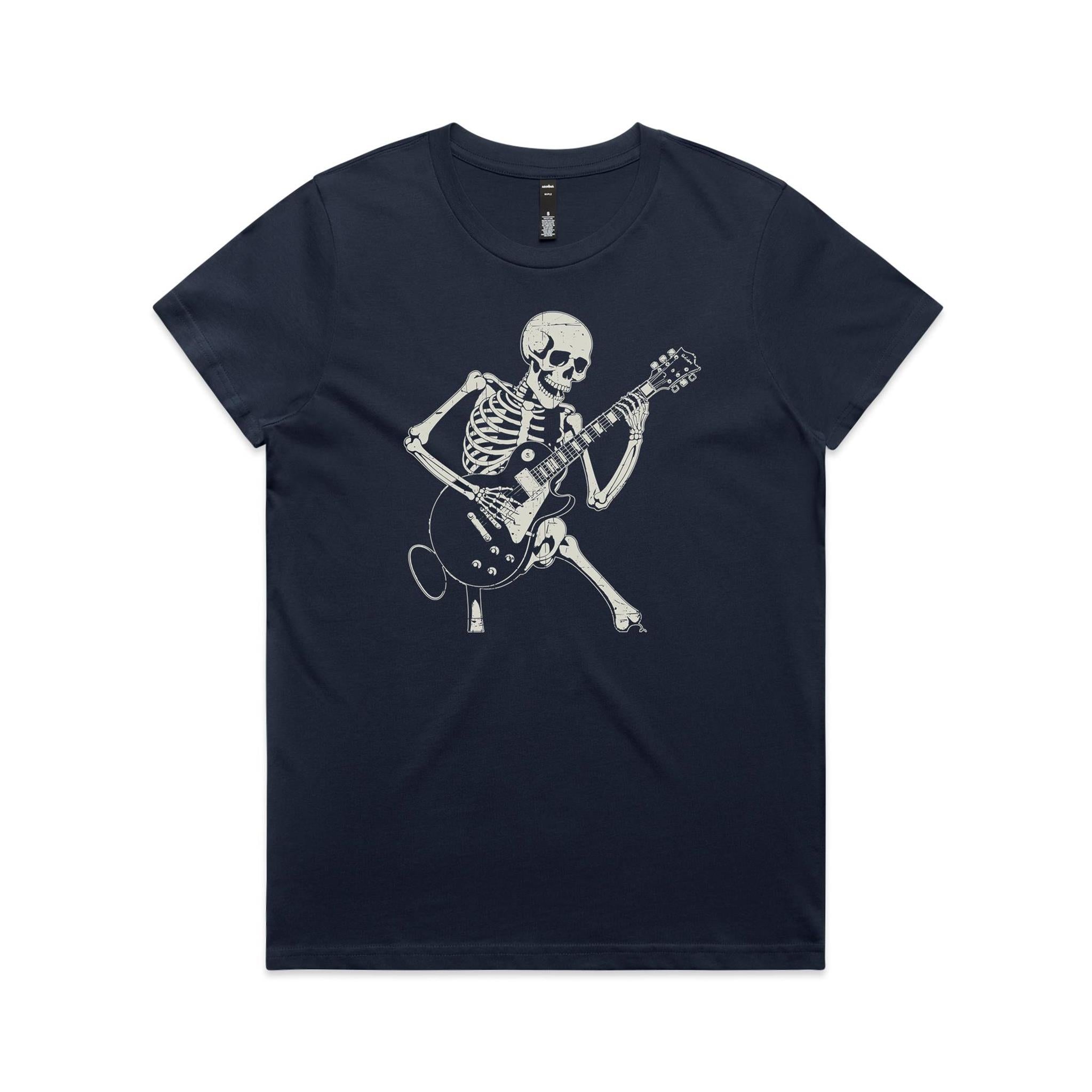 Skeleton Playing Guitar Women's AS Colour T-shirt Midnight Blue Womens T-shirt Music Printed In Australia