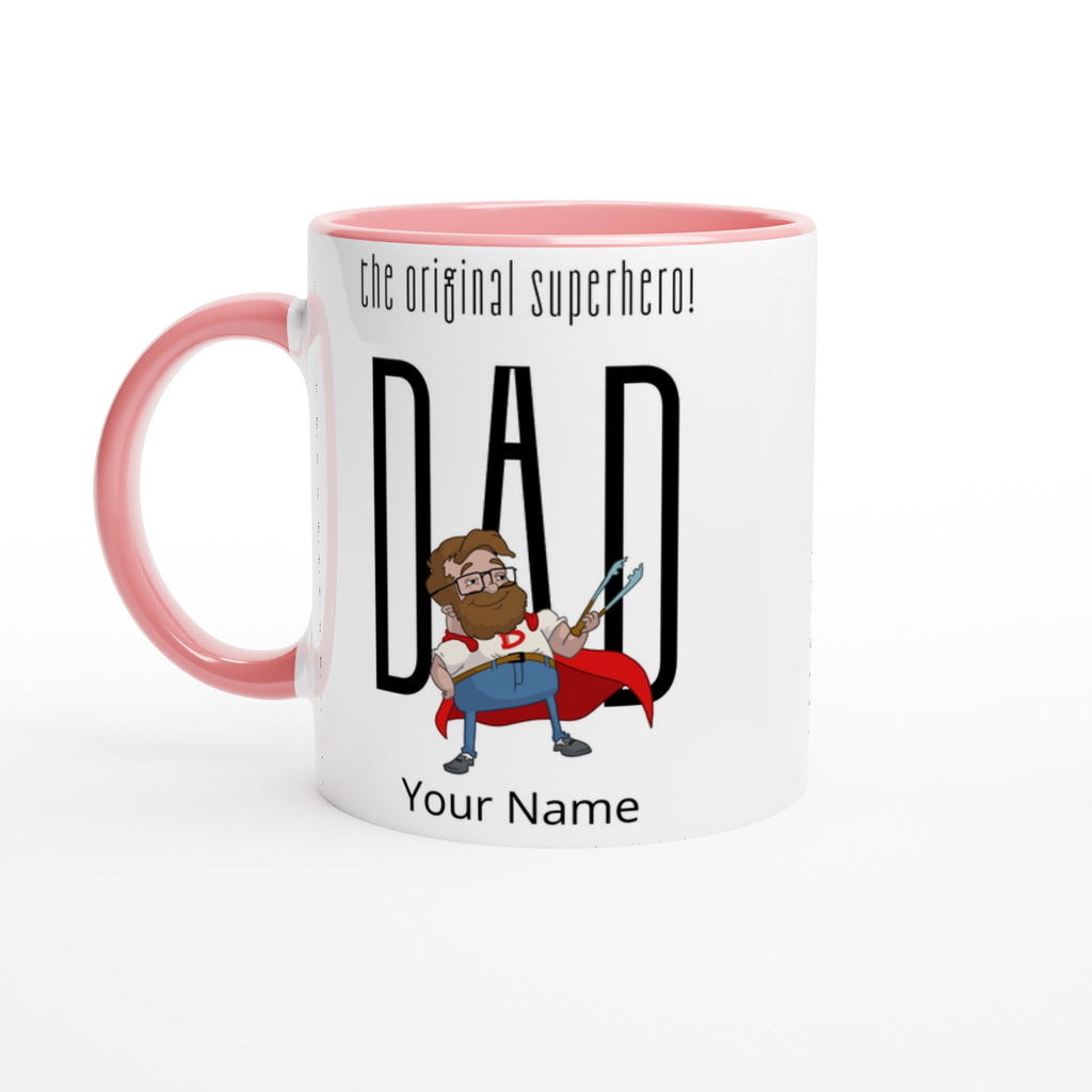 Personalised - Dad, The Original Superhero - White 11oz Ceramic Mug with Colour Inside Ceramic Pink Personalised 11oz Mug comic Customise Dad Globally Fulfilled Name Personalise
