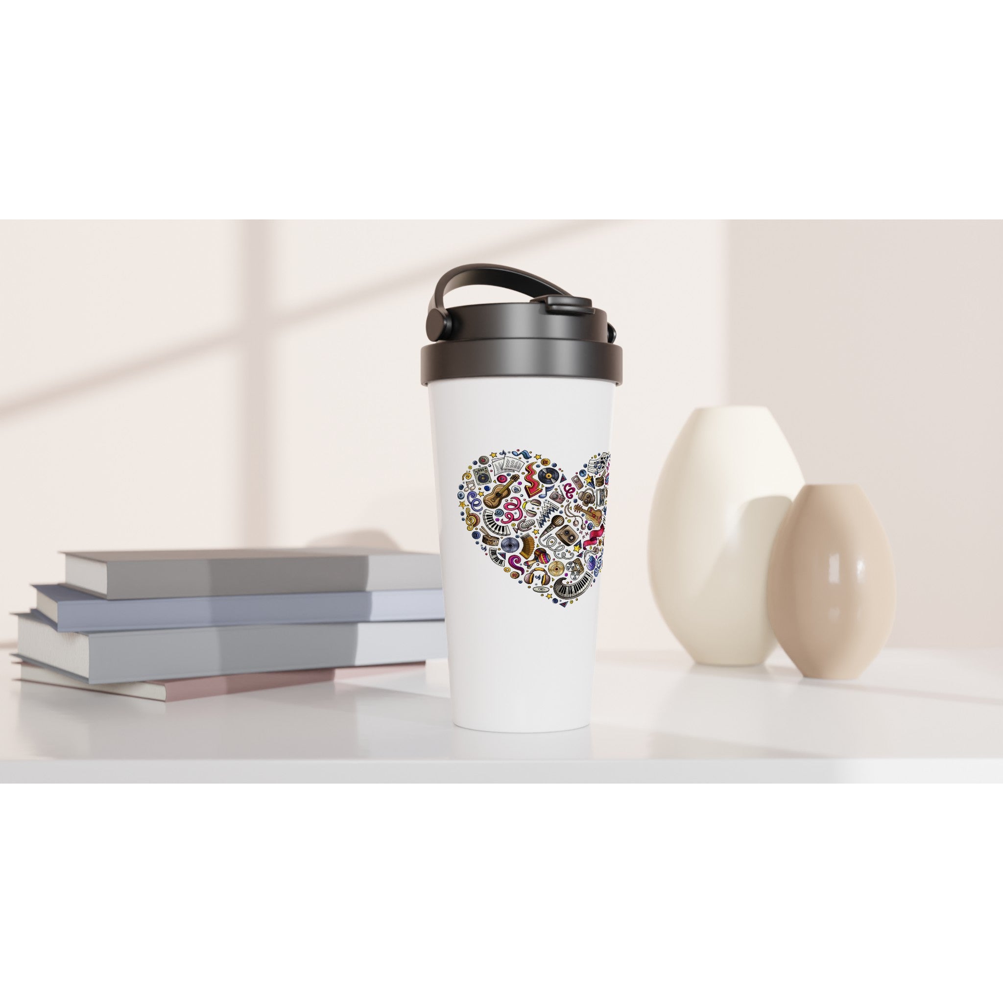Heart Music - White 15oz Stainless Steel Travel Mug Travel Mug Globally Fulfilled Music
