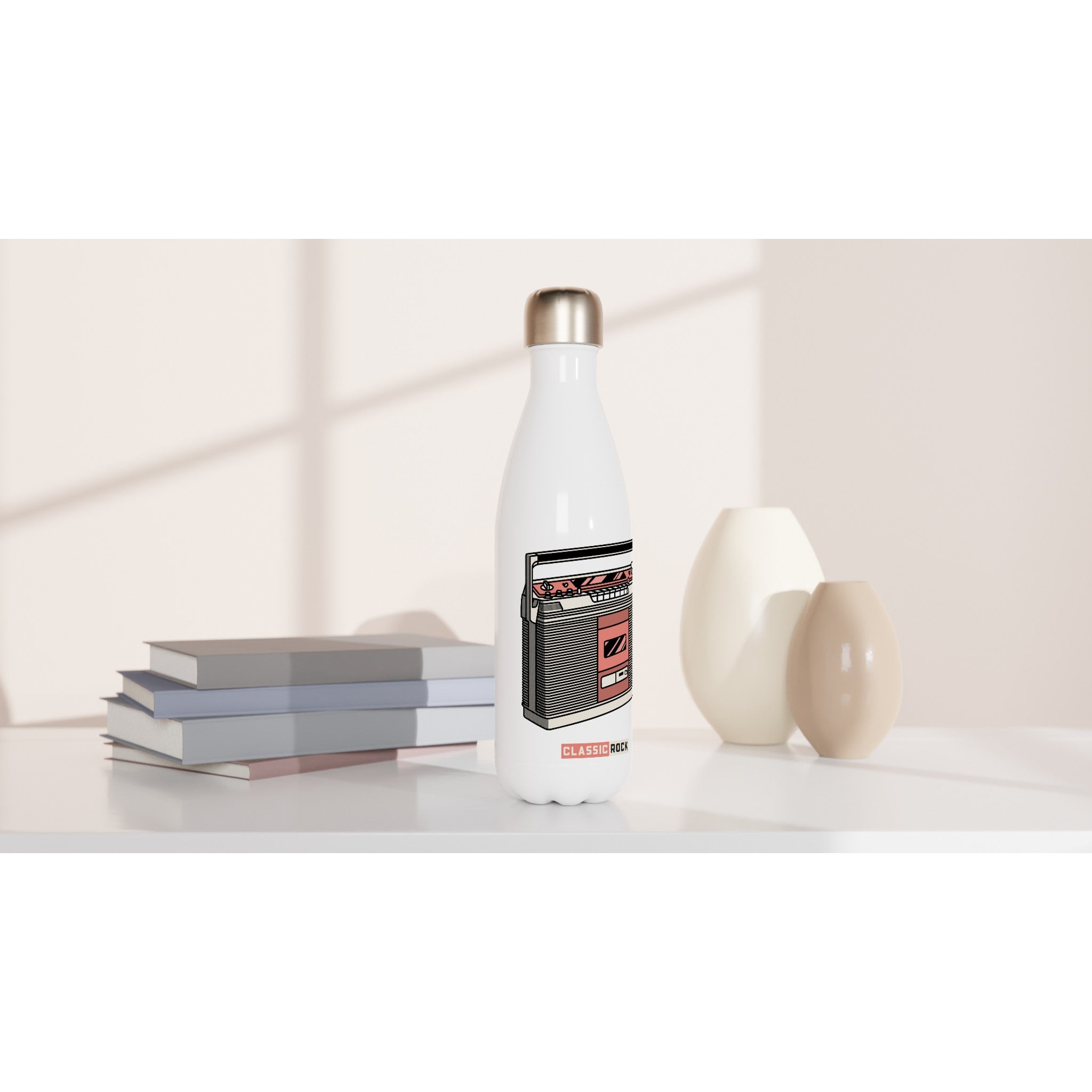 Classic Rock, Cassette Player - White 17oz Stainless Steel Water Bottle White Water Bottle Globally Fulfilled Music Retro