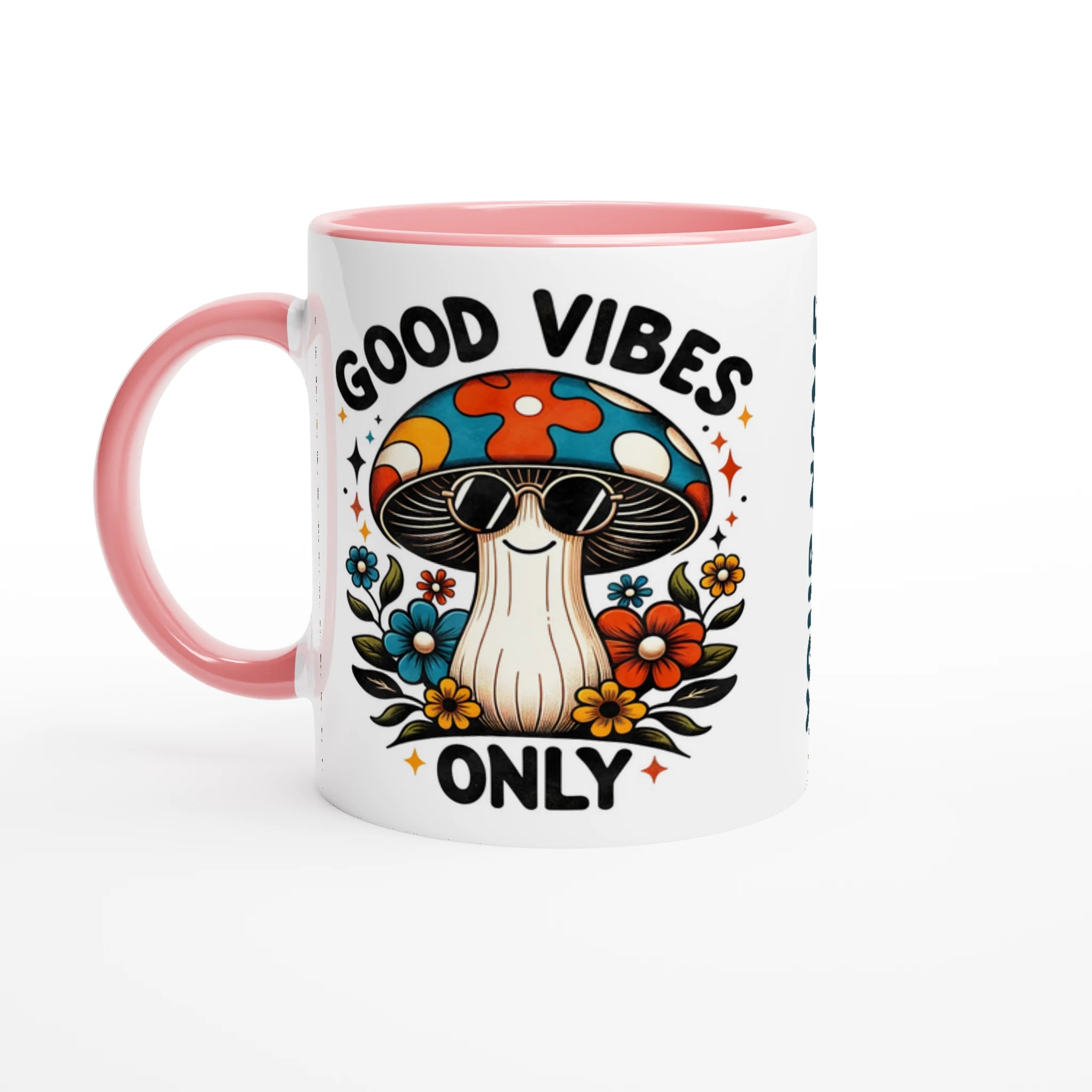 Personalised Good Vibes Only, Hippie Mushroom With Sunglasses 11oz Ceramic Mug Ceramic Pink Personalised 11oz Mug Globally Fulfilled Positivity