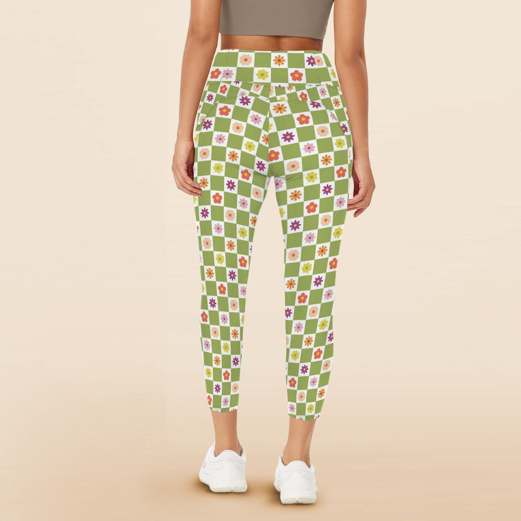 Flower Check Women's High Waist Pockets Yoga Leggings
