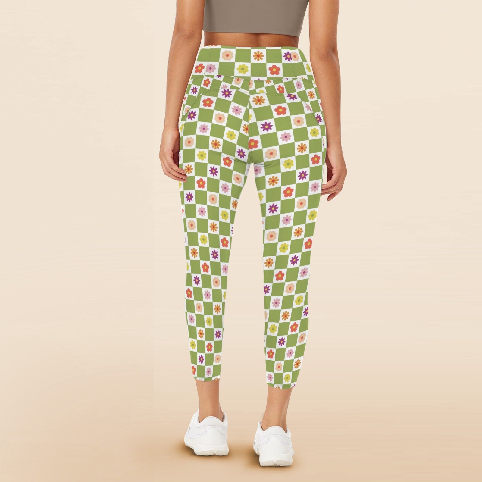 Flower Check Women's High Waist Pockets Yoga Leggings