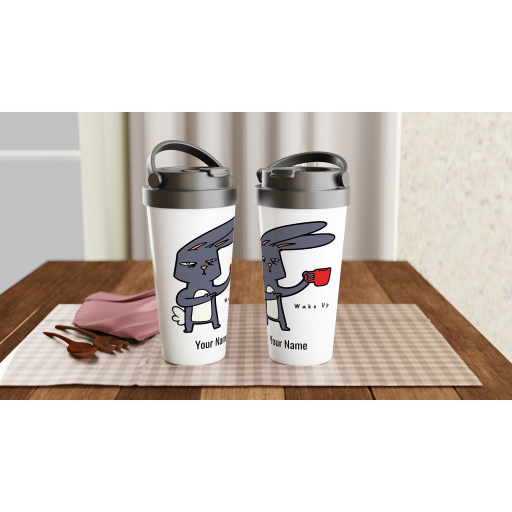 Personalised Wake Up, Coffee Rabbit White 15oz Stainless Steel Travel Mug Personalised Travel Mug animal Coffee Customise Globally Fulfilled Personalise