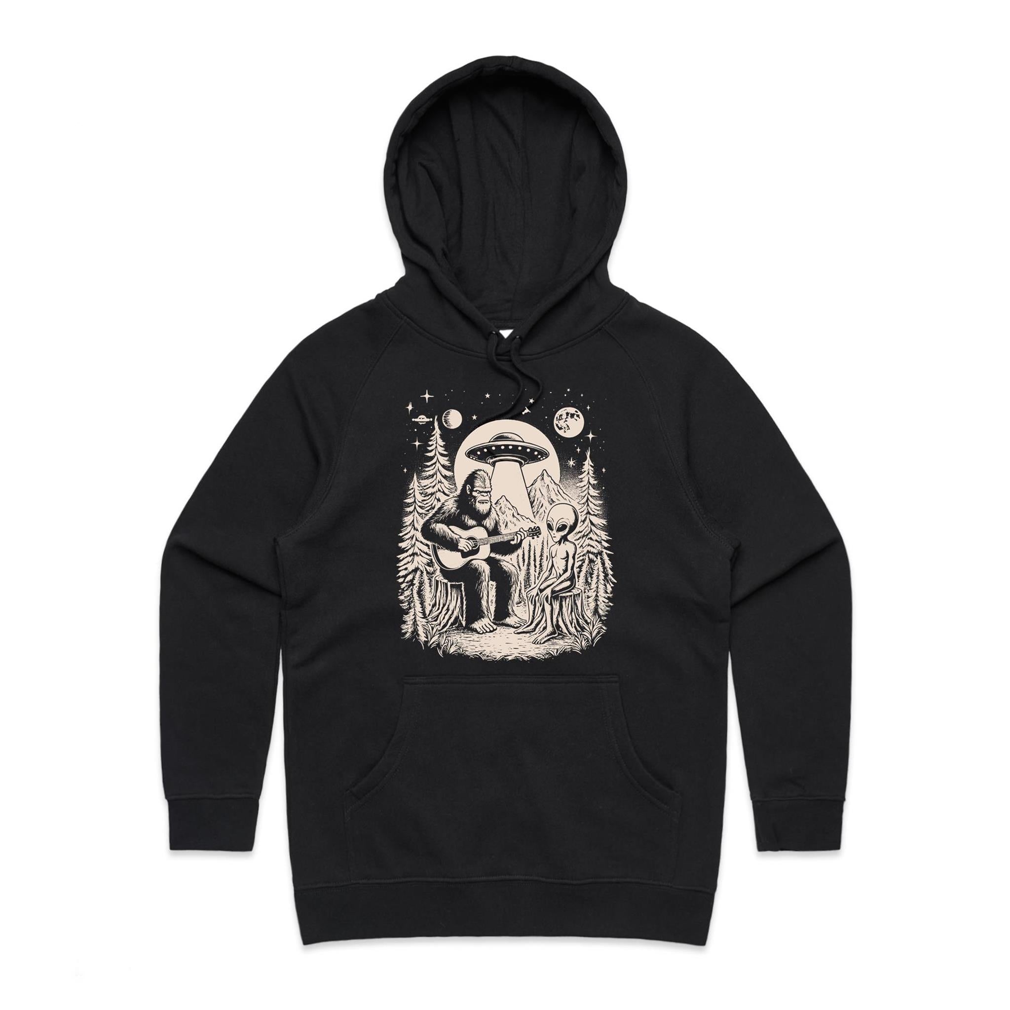 Alien And Bigfoot Play Guitar - Womens Hoodie Black Womens Hoodie Music Printed In Australia Sci Fi