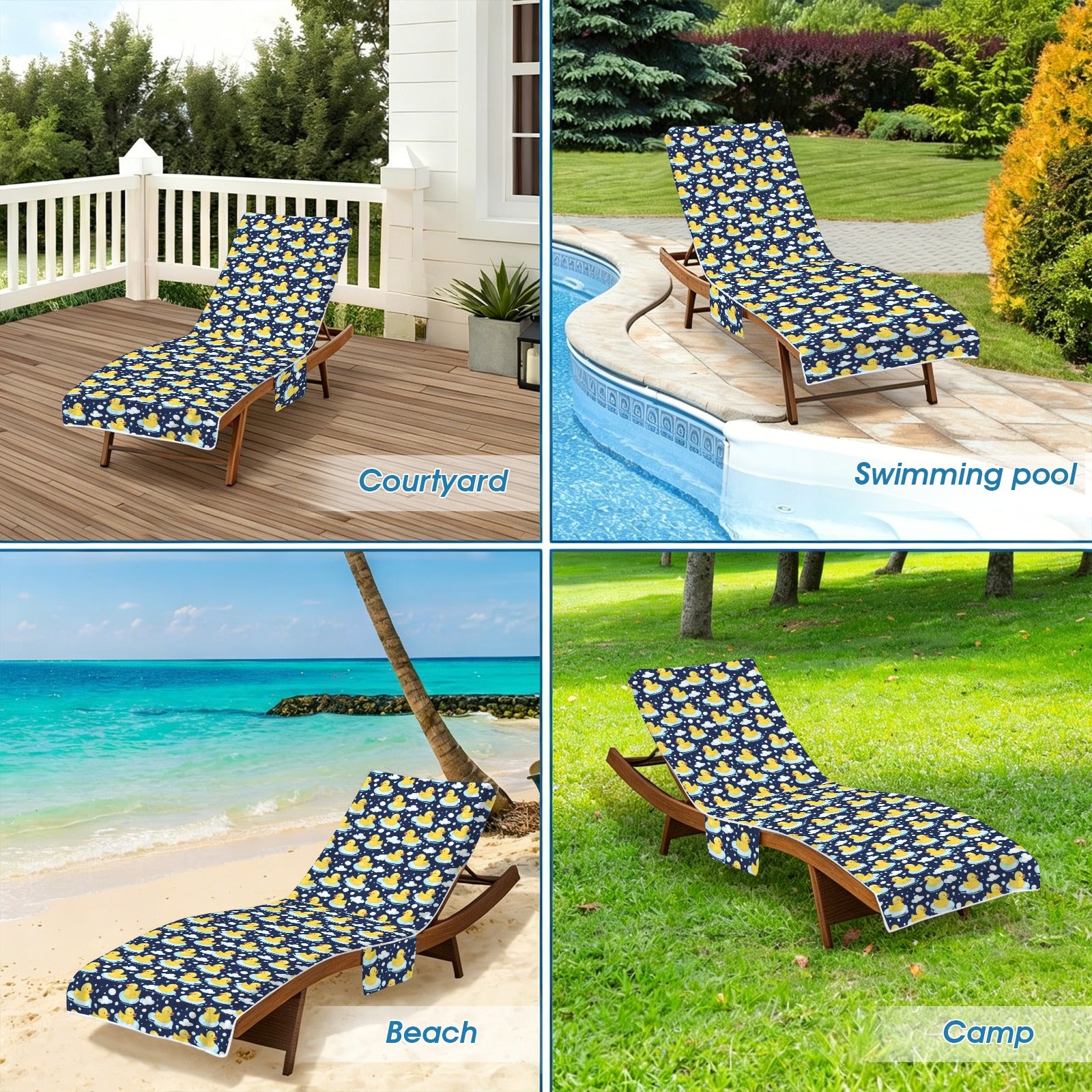 Rubber Ducks On Dark Beach Chair Towel Cover with Side Pockets