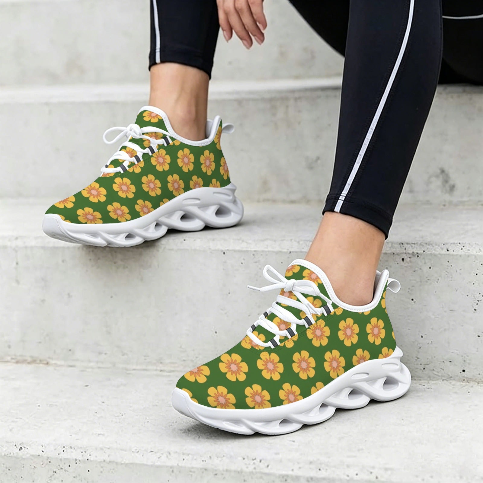 Yellow Flowers On Green Women's Twisted Sole Sneakers
