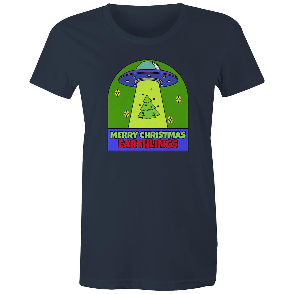 Merry Christmas Earthlings, UFO - Womens T-shirt Navy Womens Christmas T-shirt Christmas Printed In Australia