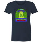Merry Christmas Earthlings, UFO - Womens T-shirt Navy Womens Christmas T-shirt Christmas Printed In Australia