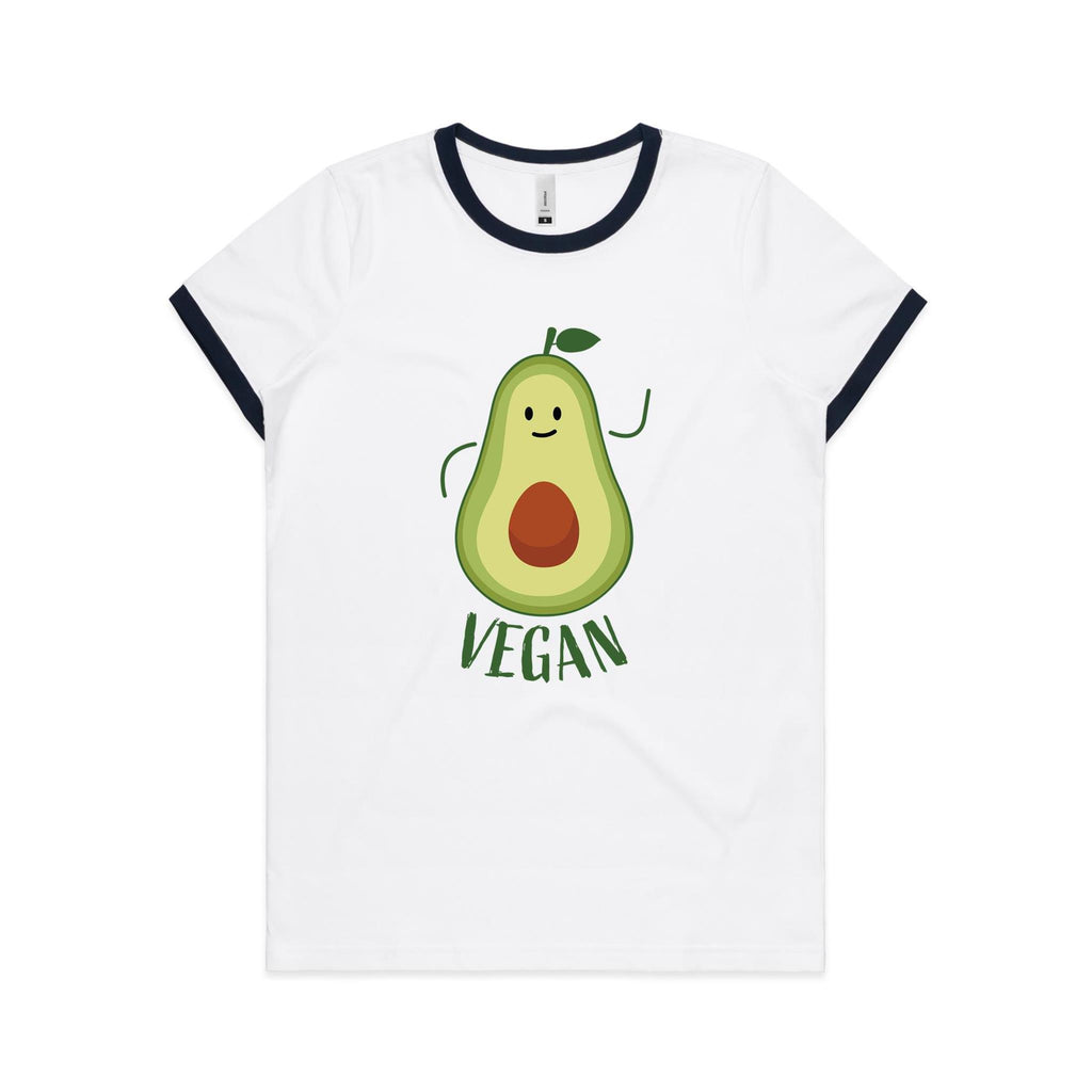 Vegan, Avocado - Women's Ringer Tee White Navy Womens Ringer T-shirt Food Printed In Australia