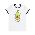 Vegan, Avocado - Women's Ringer Tee White Navy Womens Ringer T-shirt Food Printed In Australia